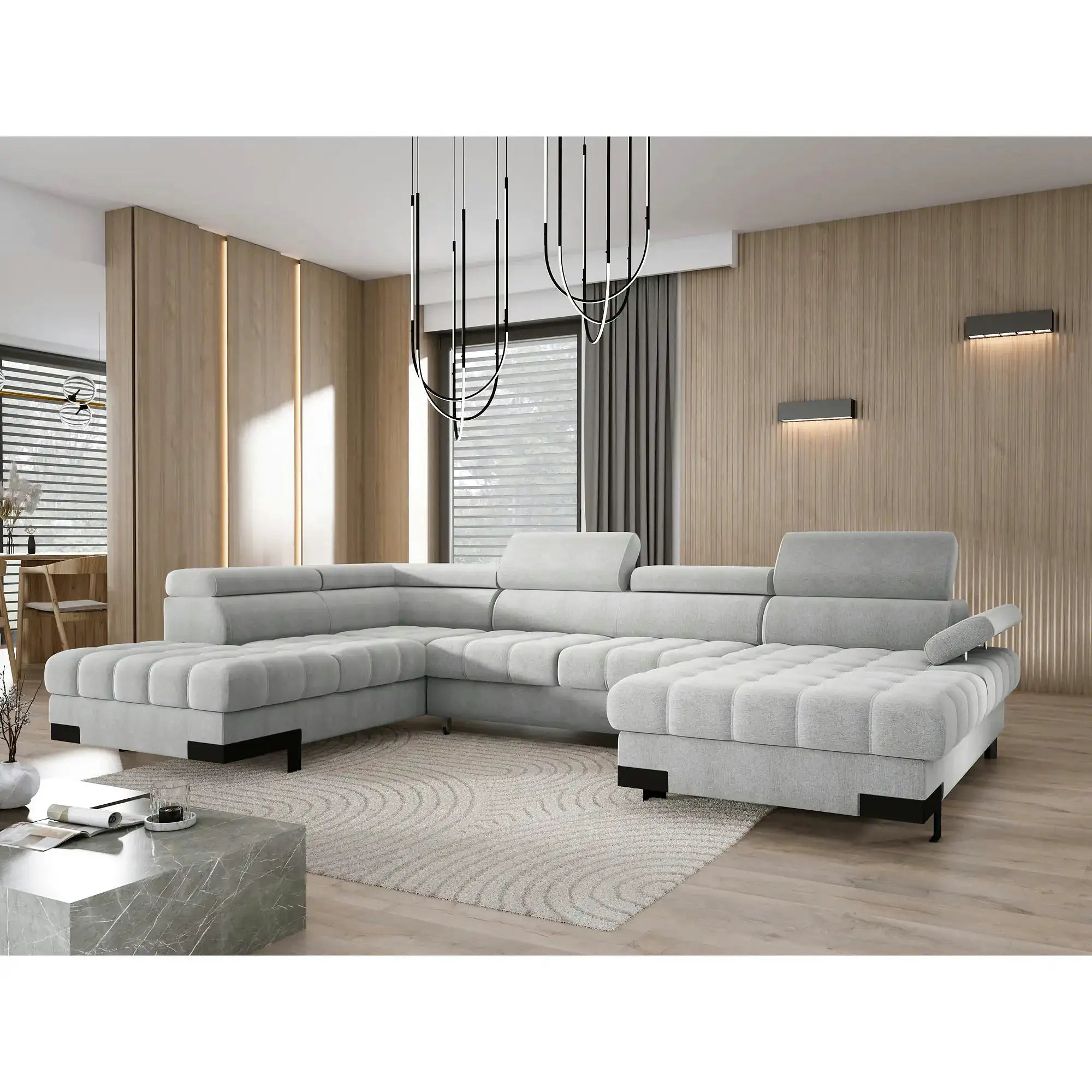 Coltar extensibil SELVA XL, sezlong stanga, stofa catifelata gri - Riviera 91, cu lada depozitare si tetiere reglabile, 339x223x95 cm