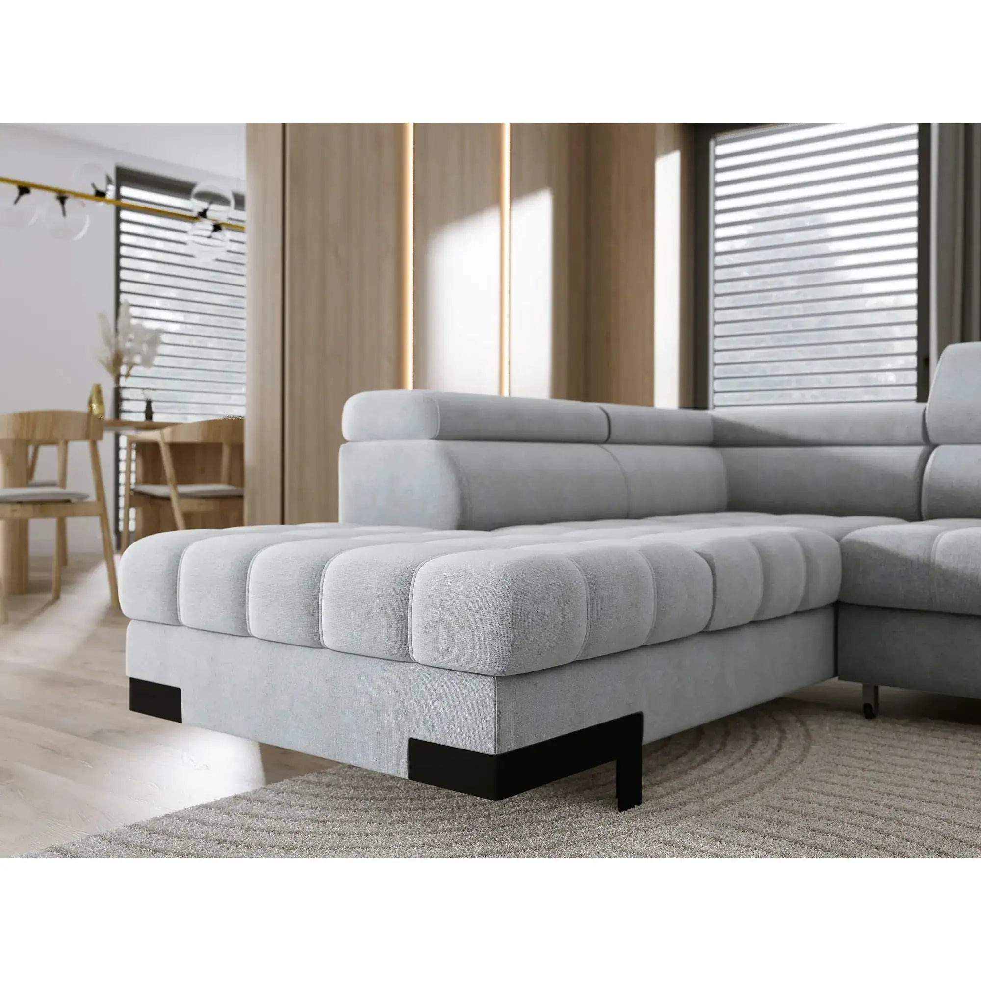 Coltar extensibil SELVA XL, sezlong stanga, stofa catifelata gri - Riviera 91, cu lada depozitare si tetiere reglabile, 339x223x95 cm