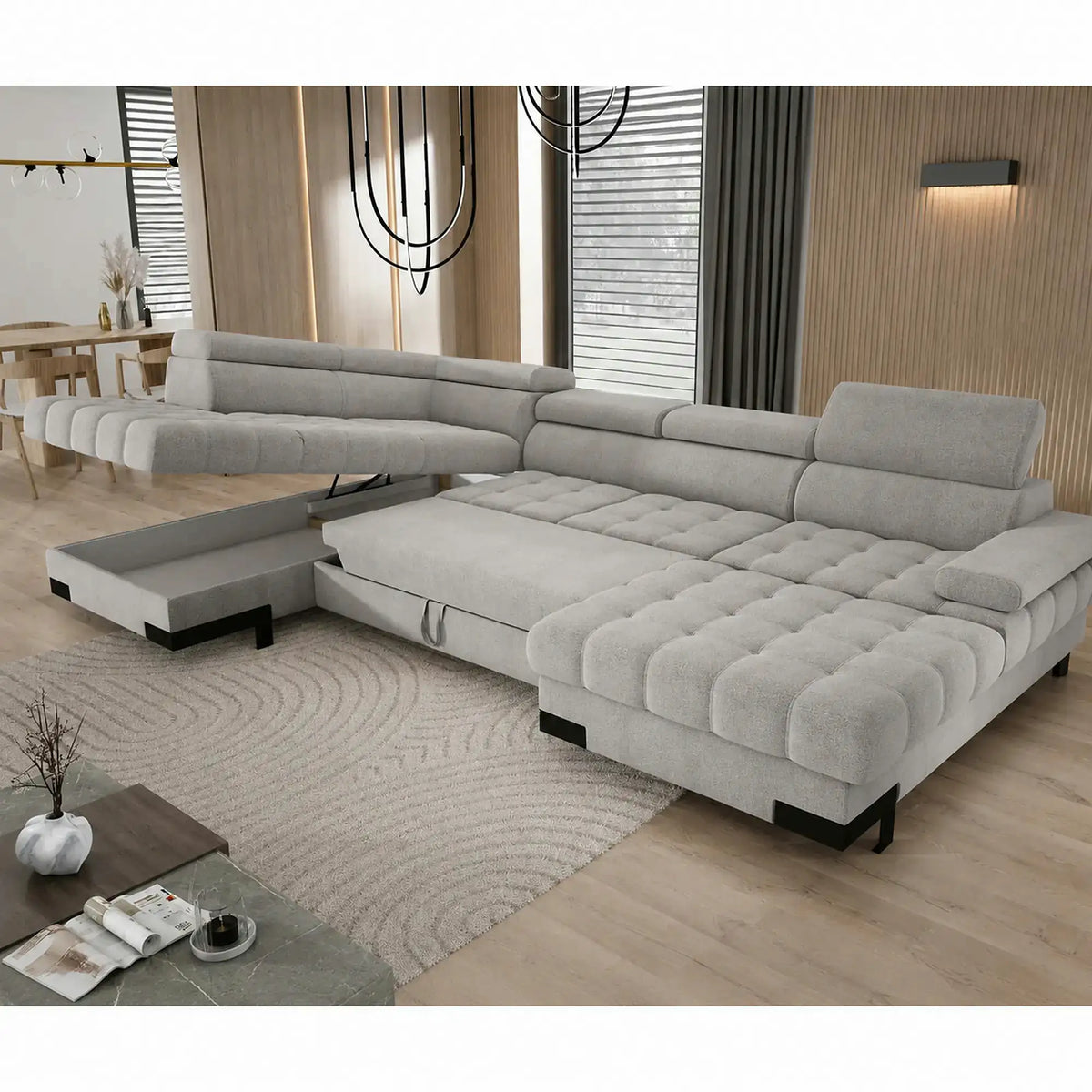 Coltar extensibil SELVA XL, sezlong stanga, stofa clasica gri - Austin 18, cu lada depozitare si tetiere reglabile, 339x223x95 cm