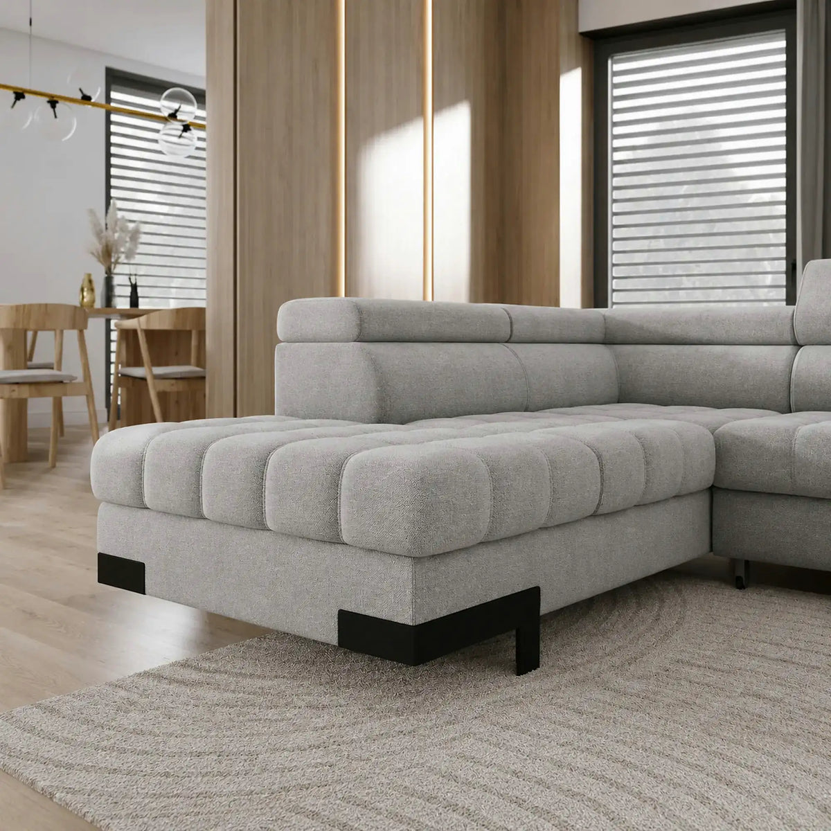 Coltar extensibil SELVA XL, sezlong stanga, stofa clasica gri - Austin 18, cu lada depozitare si tetiere reglabile, 339x223x95 cm