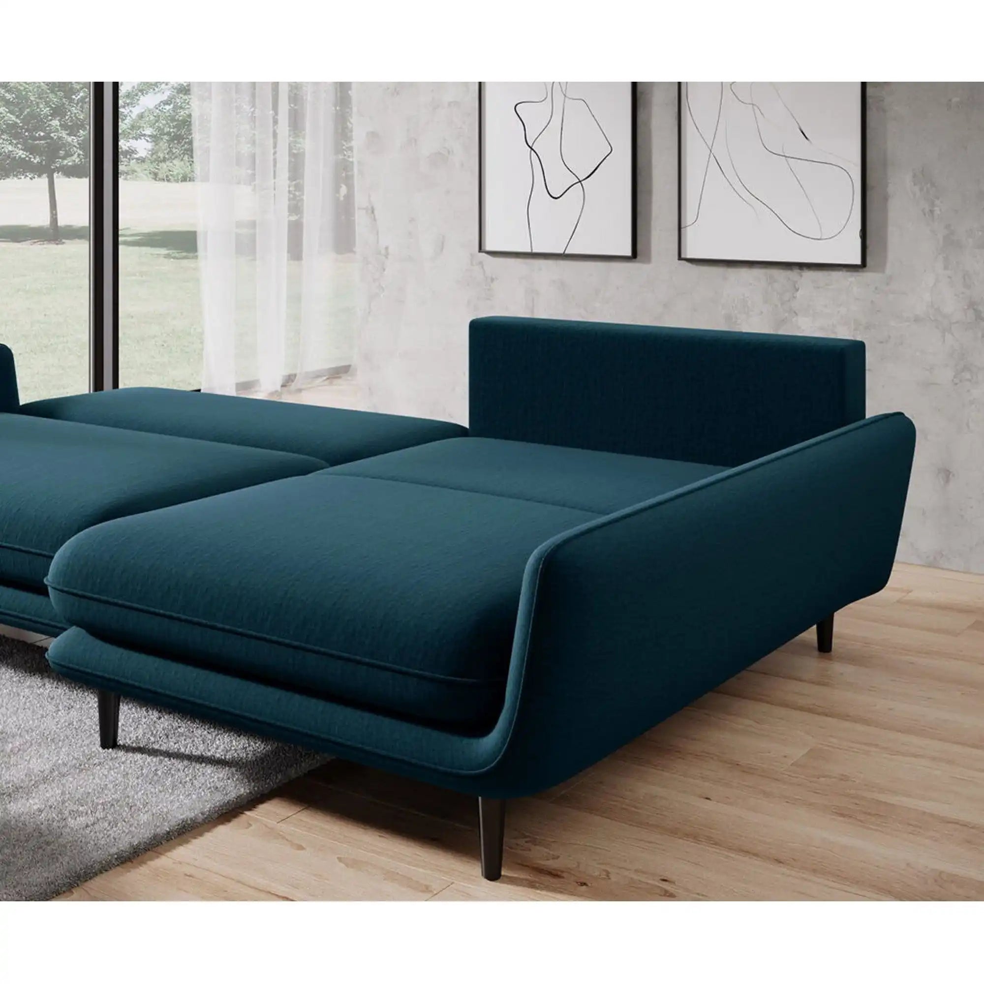 Coltar extensibil SOLANO, sezlong dreapta, stofa catifelata albastru inchis - Element 13, Gama Premium, cu lada depozitare, 260x167x83 cm