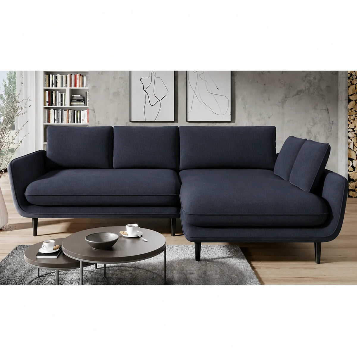 Coltar extensibil SOLANO, sezlong dreapta, stofa clasica albastru inchis - Austin 15, cu lada depozitare, 260x167x83 cm