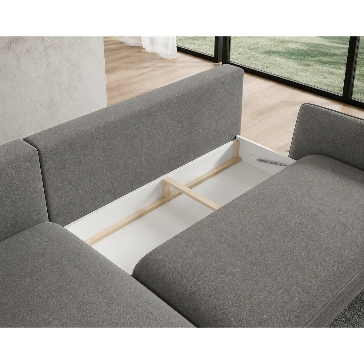 Coltar extensibil SOLANO, sezlong stanga, stofa catifelata gri - Palladium 16, cu lada depozitare, 260x167x83 cm