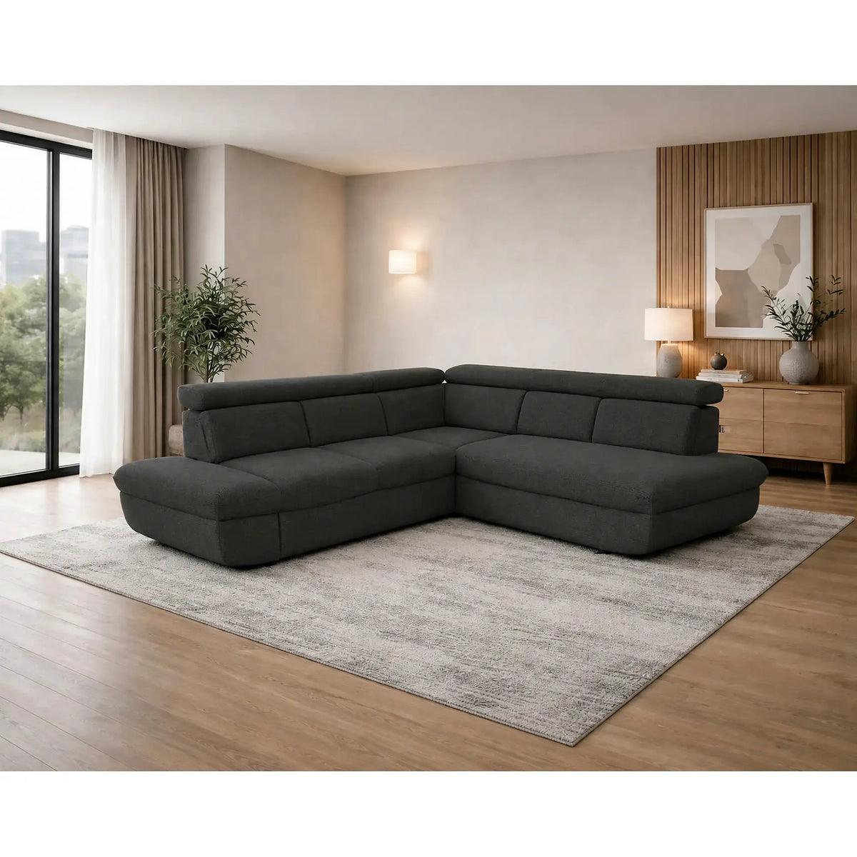 Coltar extensibil sufragerie REGAL, sezlong dreapta, stofa catifelata gri - Monolith ML92, 266x196x95 cm