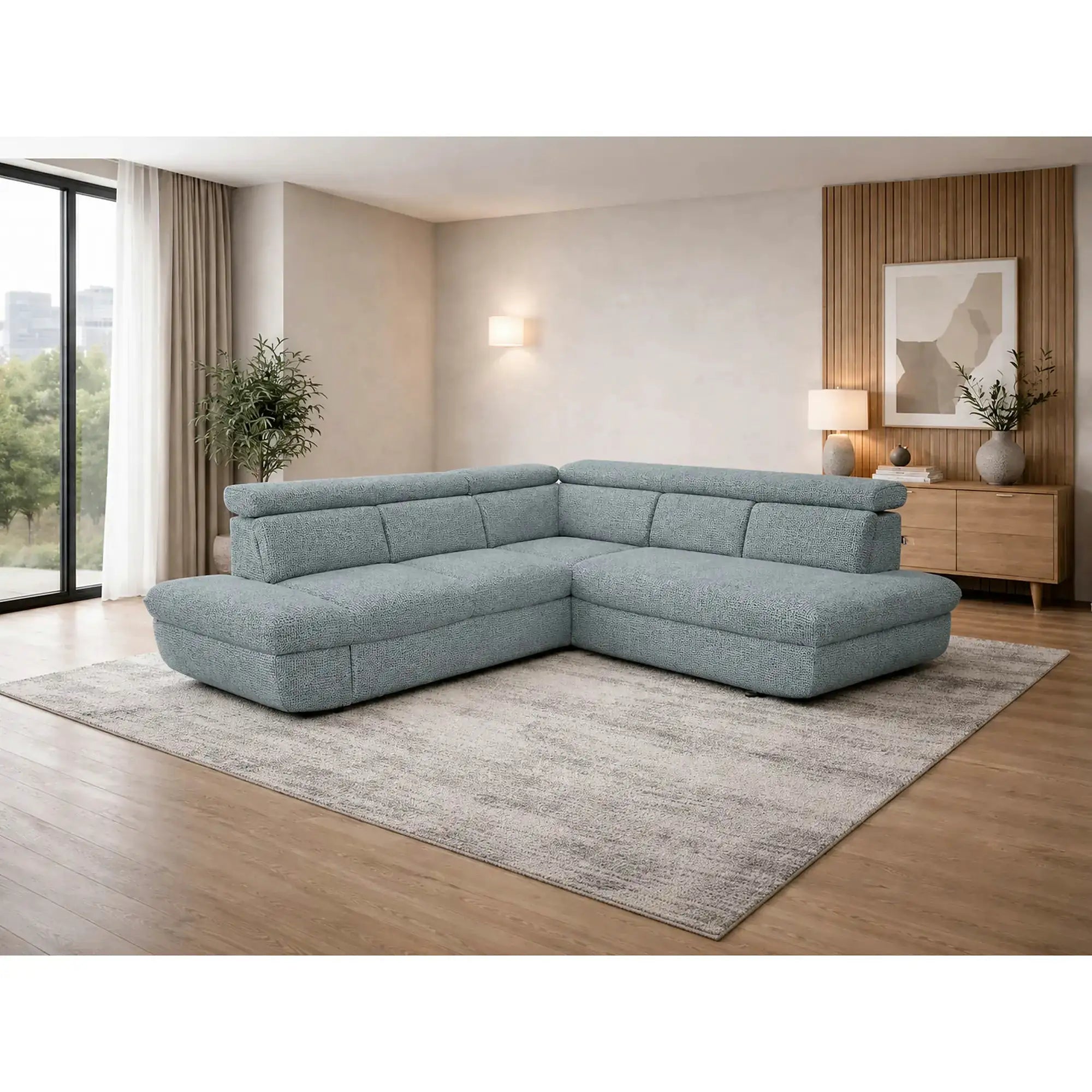 Coltar extensibil sufragerie REGAL, sezlong dreapta, stofa turcoaz - Rimini R076, 266x196x95 cm