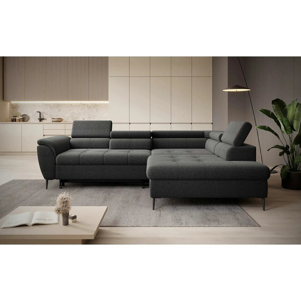Coltar extensibil TEMPO NEW, personalizabil, cu lada depozitare si tetiere reglabile, 289x218x94 cm