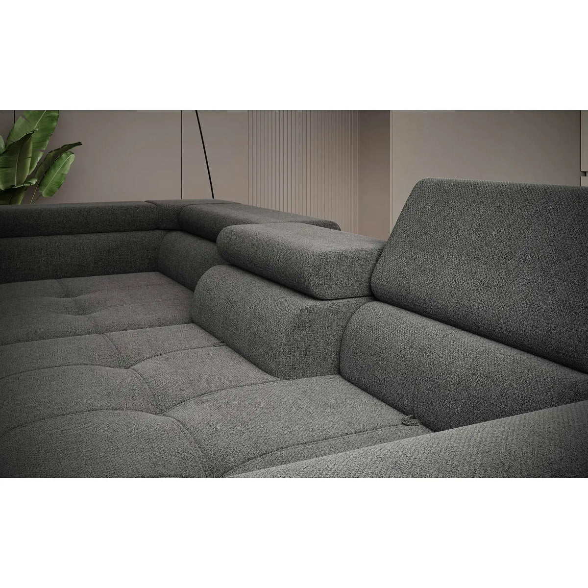 Coltar extensibil TEMPO NEW, personalizabil, cu lada depozitare si tetiere reglabile, 289x218x94 cm