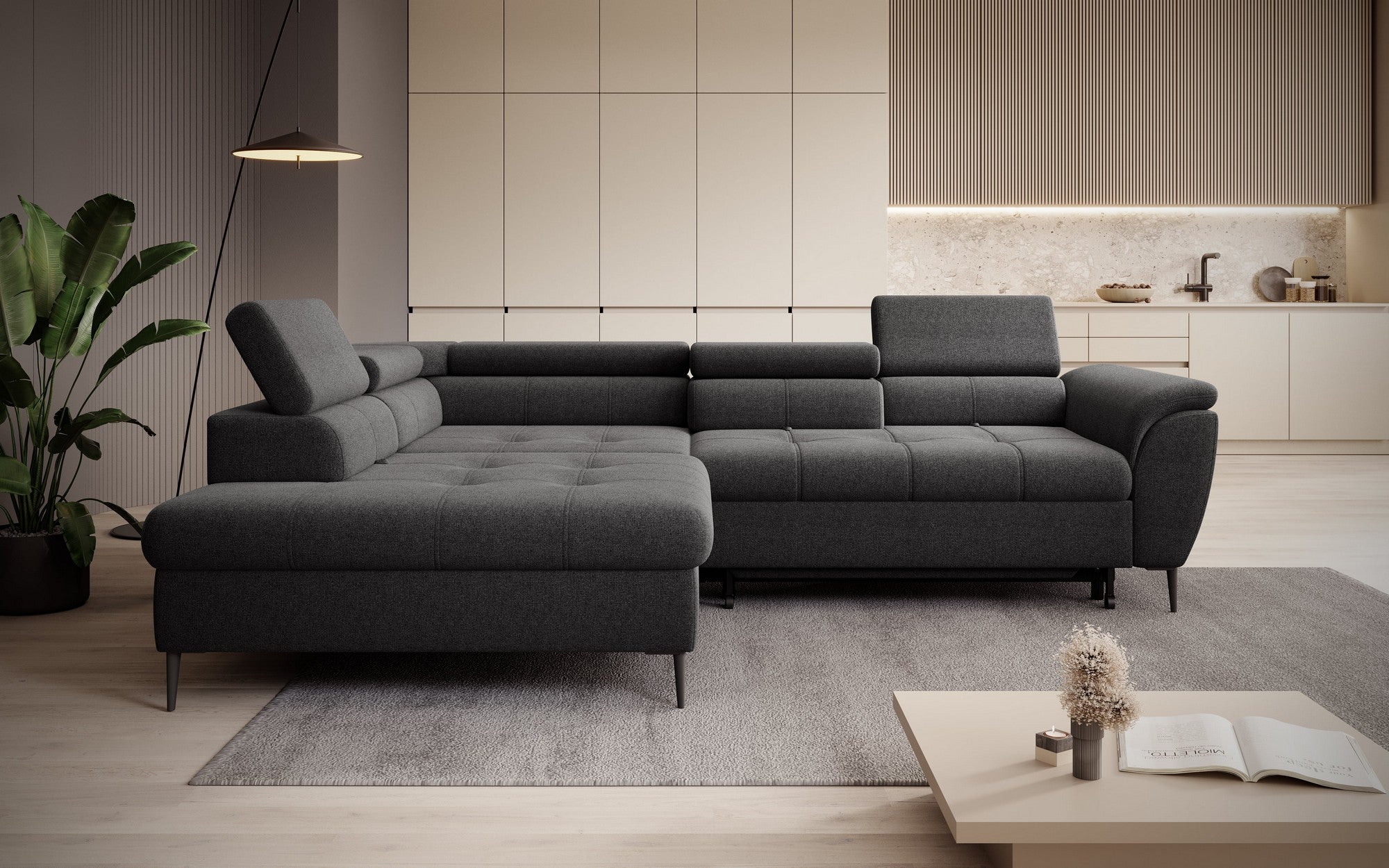 Coltar extensibil TEMPO NEW, personalizabil materiale gama Oferta Avantaj, cu lada depozitare si tetiere reglabile, 289x218x94 cm