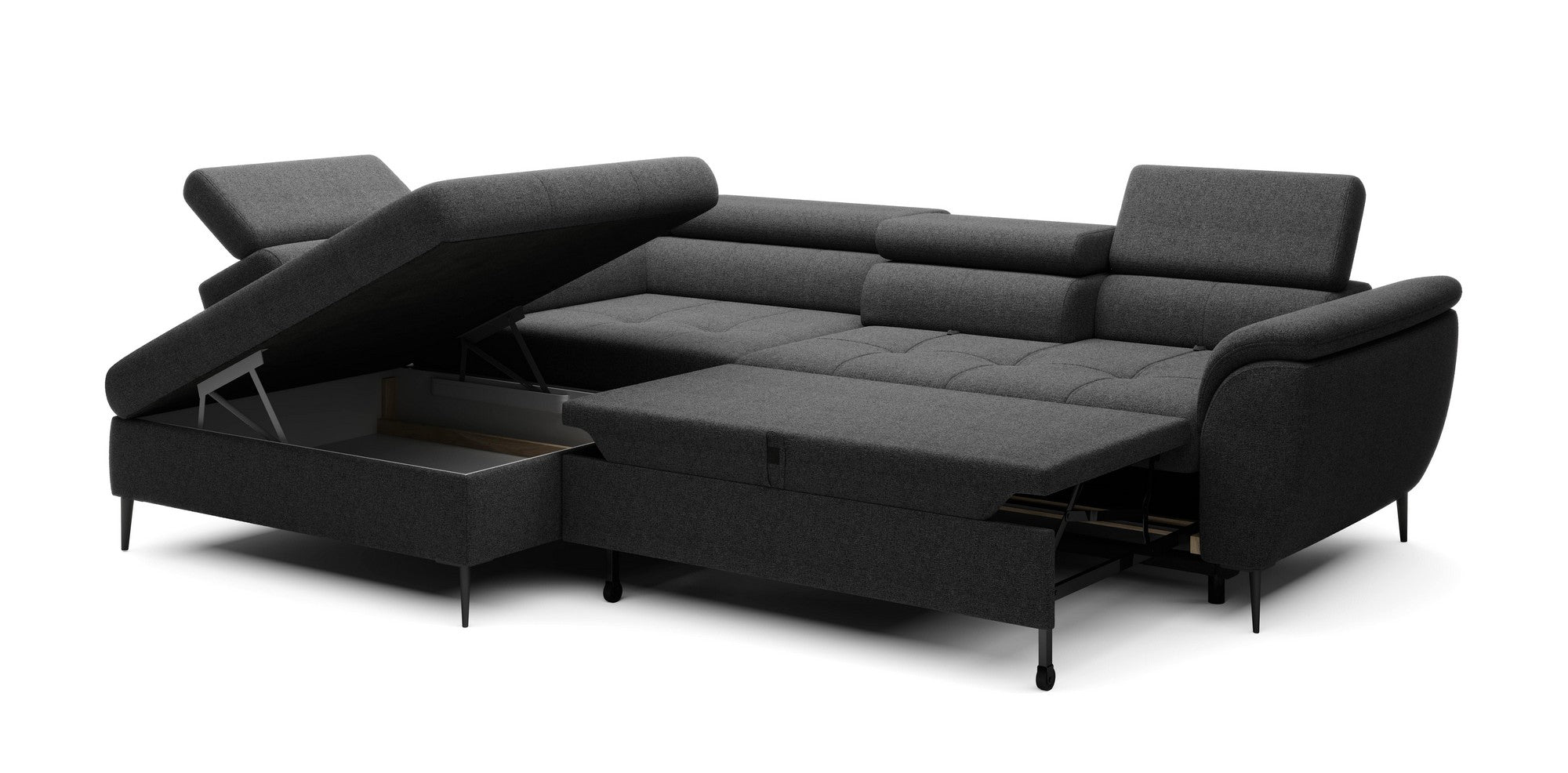 Coltar extensibil TEMPO NEW, personalizabil materiale gama Oferta Avantaj, cu lada depozitare si tetiere reglabile, 289x218x94 cm