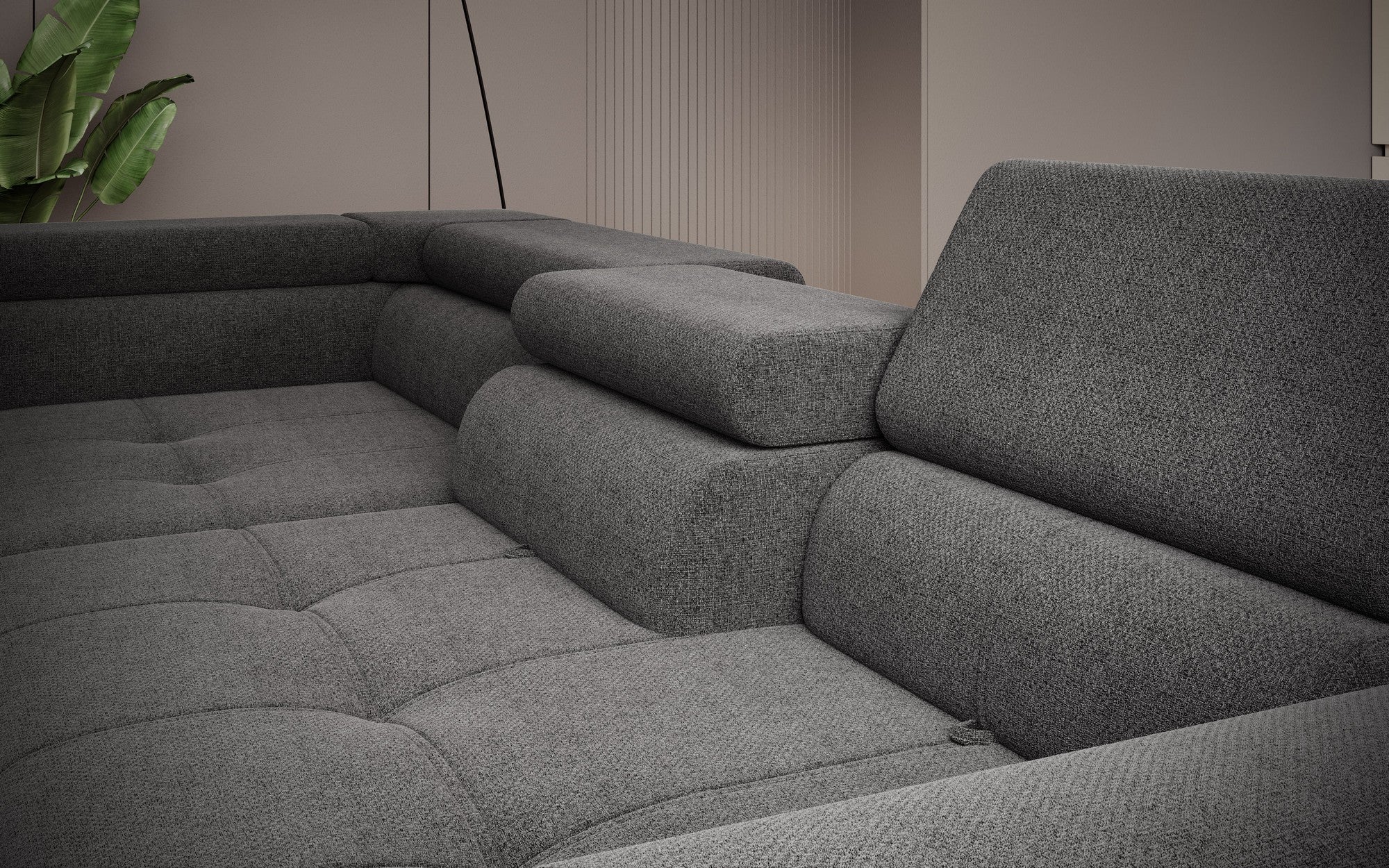 Coltar extensibil TEMPO NEW, personalizabil materiale gama Oferta Avantaj, cu lada depozitare si tetiere reglabile, 289x218x94 cm