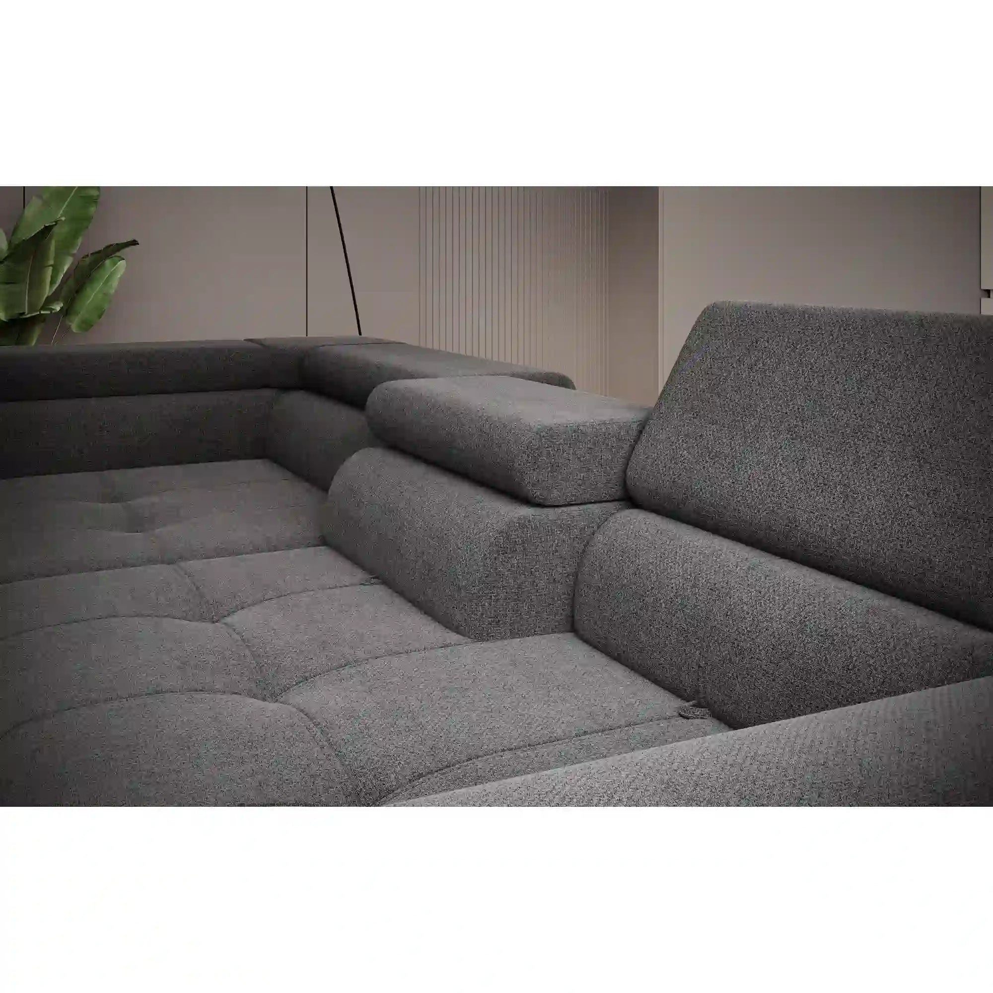 Coltar extensibil TEMPO NEW, personalizabil materiale gama Premium, cu lada depozitare si tetiere reglabile, 289x218x94 cm