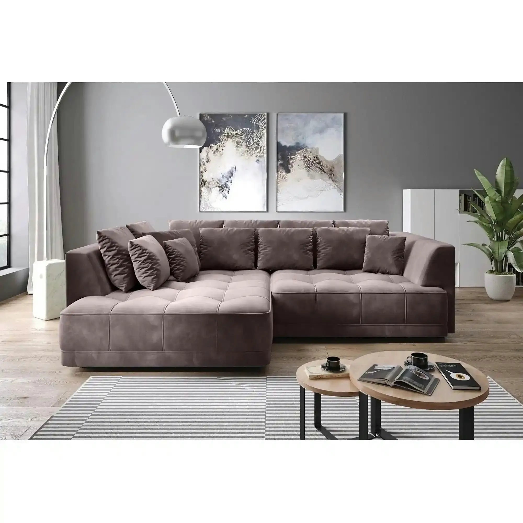 Coltar extensibil TIGA, sezlong stanga, stofa catifelata maro - Whisper 5, cu reglaj electric, 286x207x77 cm