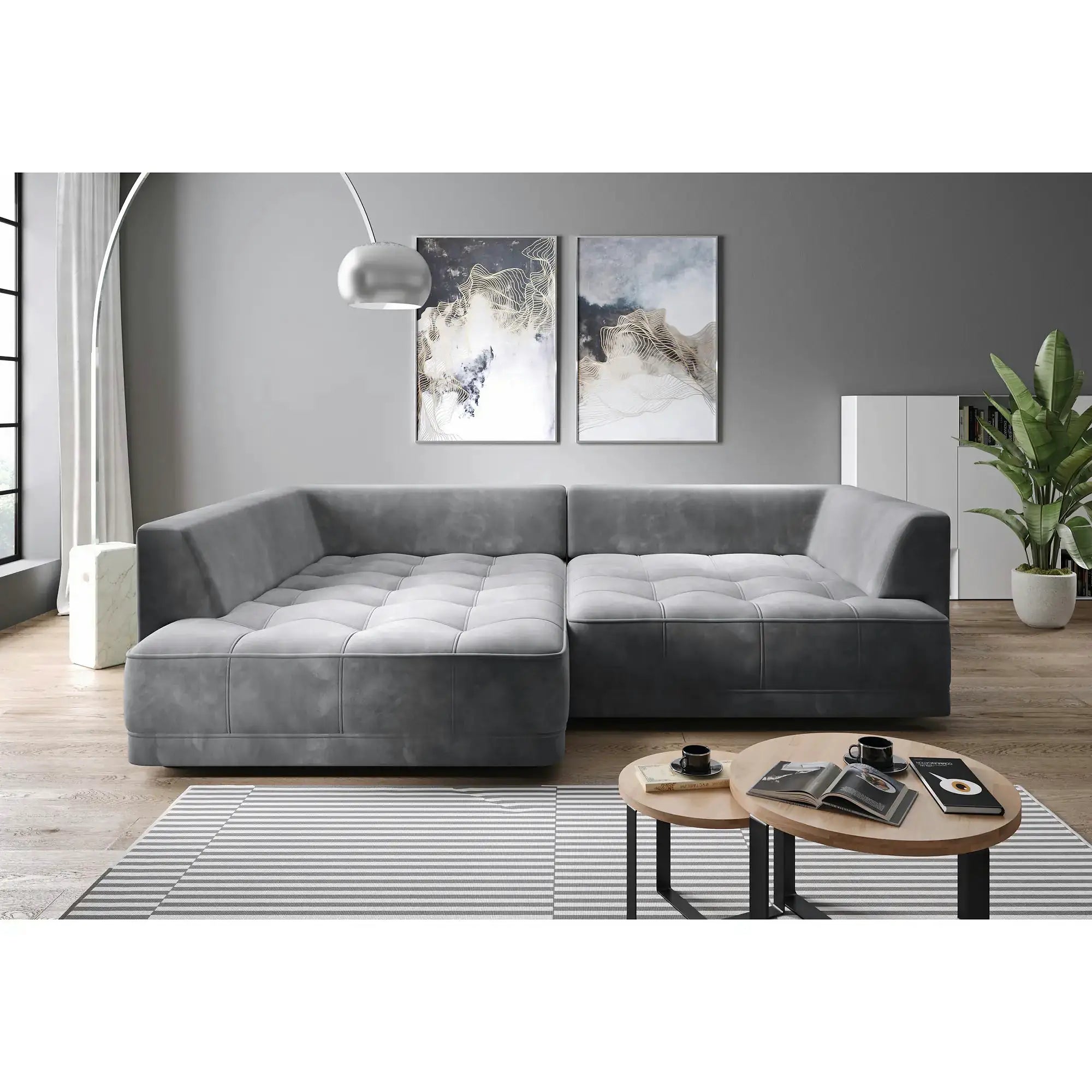 Coltar extensibil TIGA, sezlong stanga, stofa catifelata maro - Whisper 5, cu reglaj electric, 286x207x77 cm