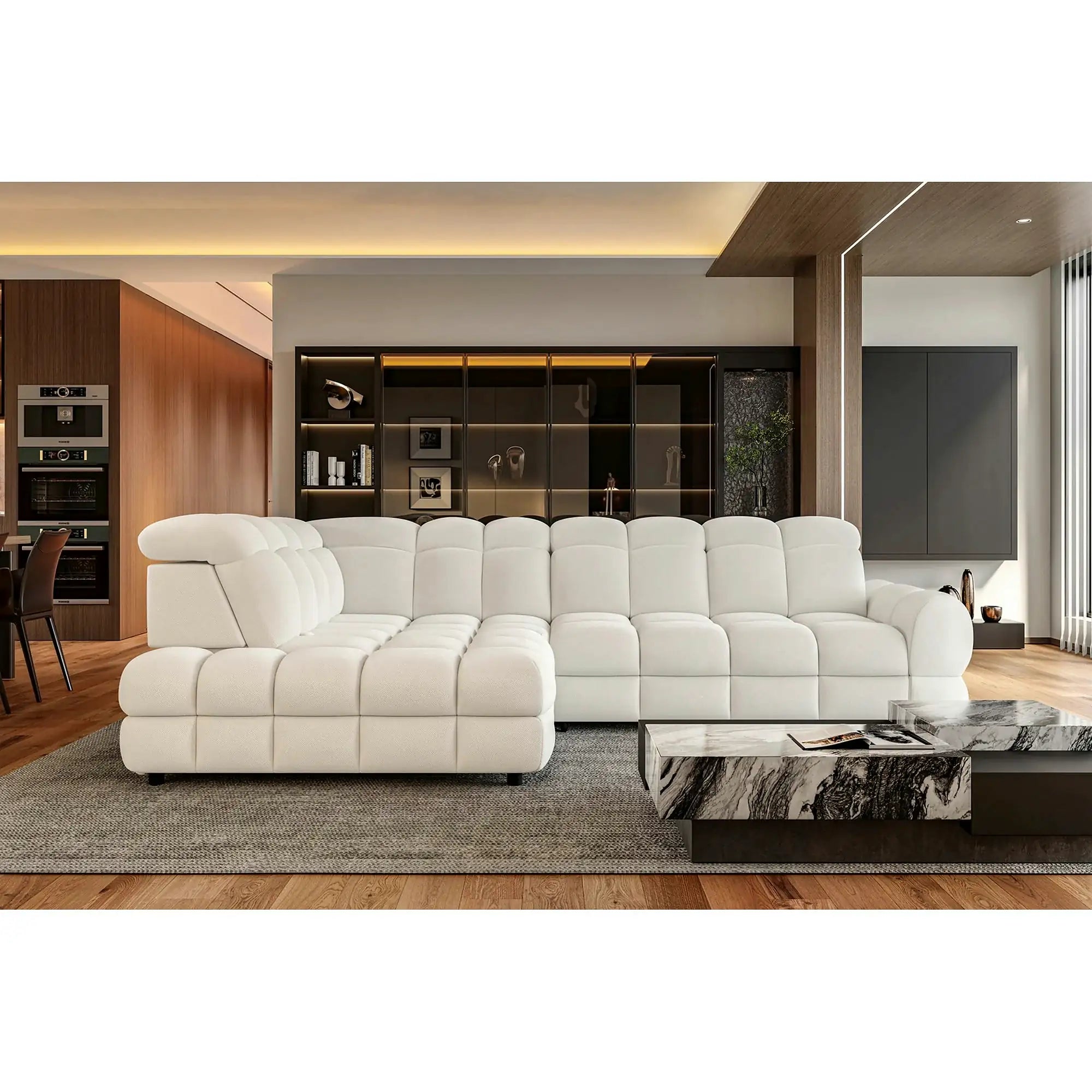 Coltar extensibil TOLLO L, personalizabil, cu lada depozitare si reglaj electric, 302x220x106 cm