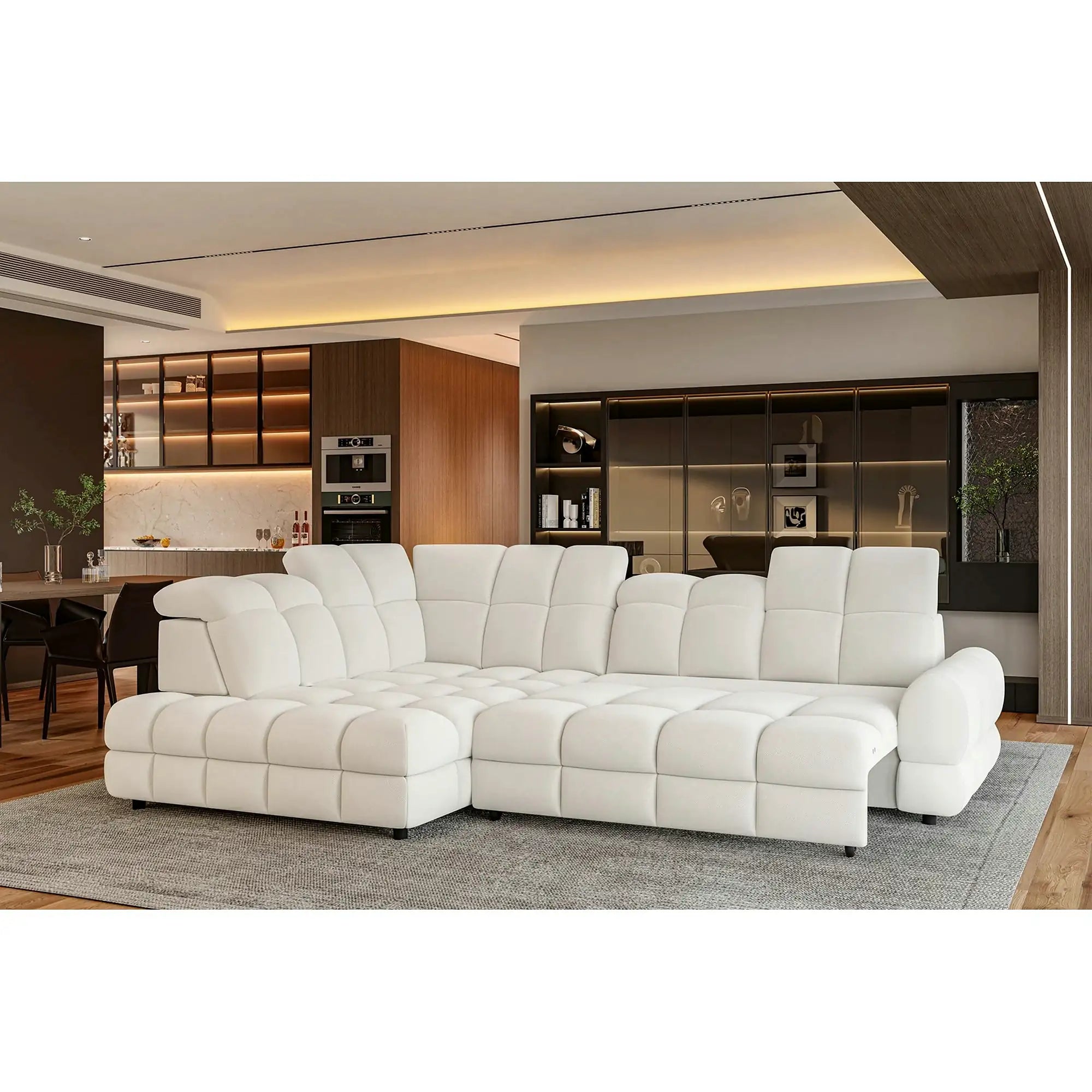 Coltar extensibil TOLLO L, personalizabil, cu lada depozitare si reglaj electric, 302x220x106 cm