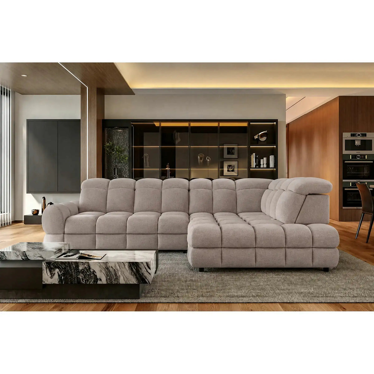 Coltar extensibil TOLLO L, sezlong dreapta, stofa catifelata bej - Whisper 3, cu lada depozitare si reglaj electric, 302x220x106 cm