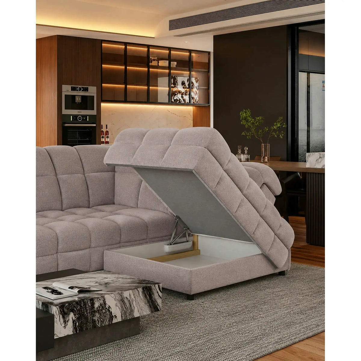Coltar extensibil TOLLO L, sezlong dreapta, stofa catifelata bej - Whisper 3, cu lada depozitare si reglaj electric, 302x220x106 cm