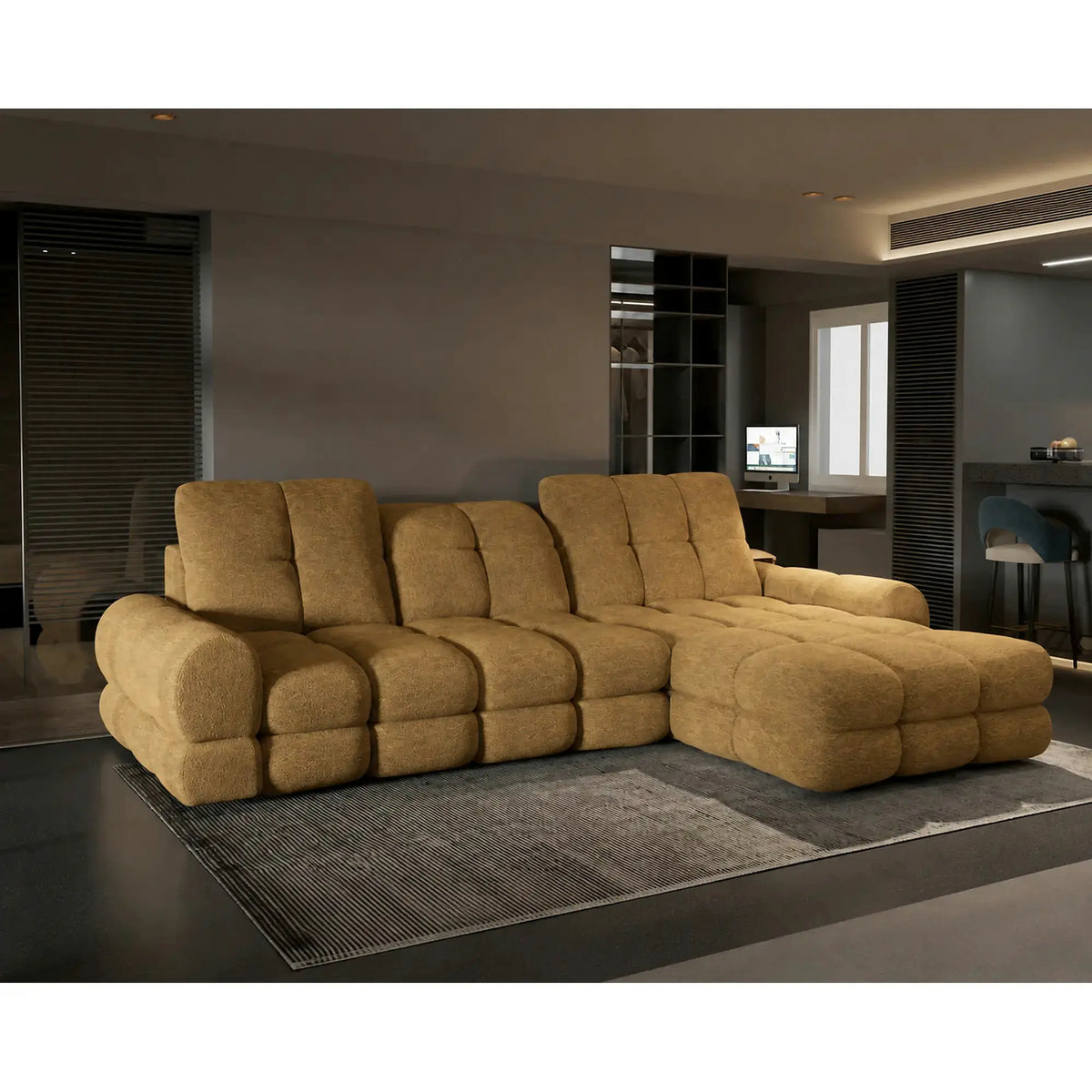 Coltar extensibil TOLLO MINI, sezlong dreapta, stofa catifelata galben mustar - Monolith 48, cu lada depozitare si reglaj electric, 283x171x105 cm