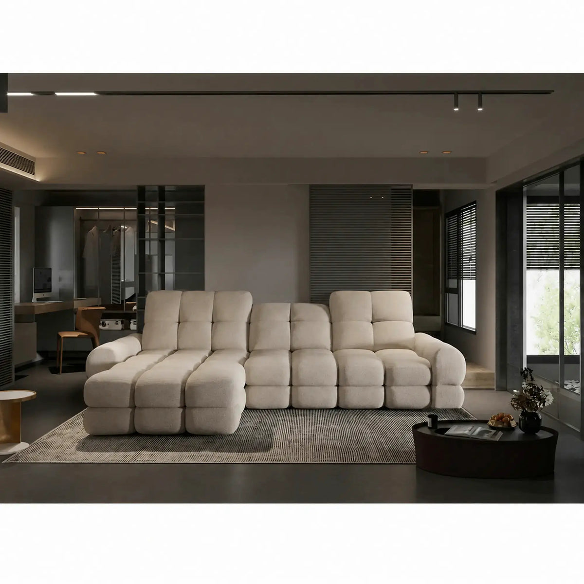 Coltar extensibil TOLLO MINI, sezlong stanga, stofa catifelata crem - Riviera 21, cu lada depozitare, 283x171x105 cm