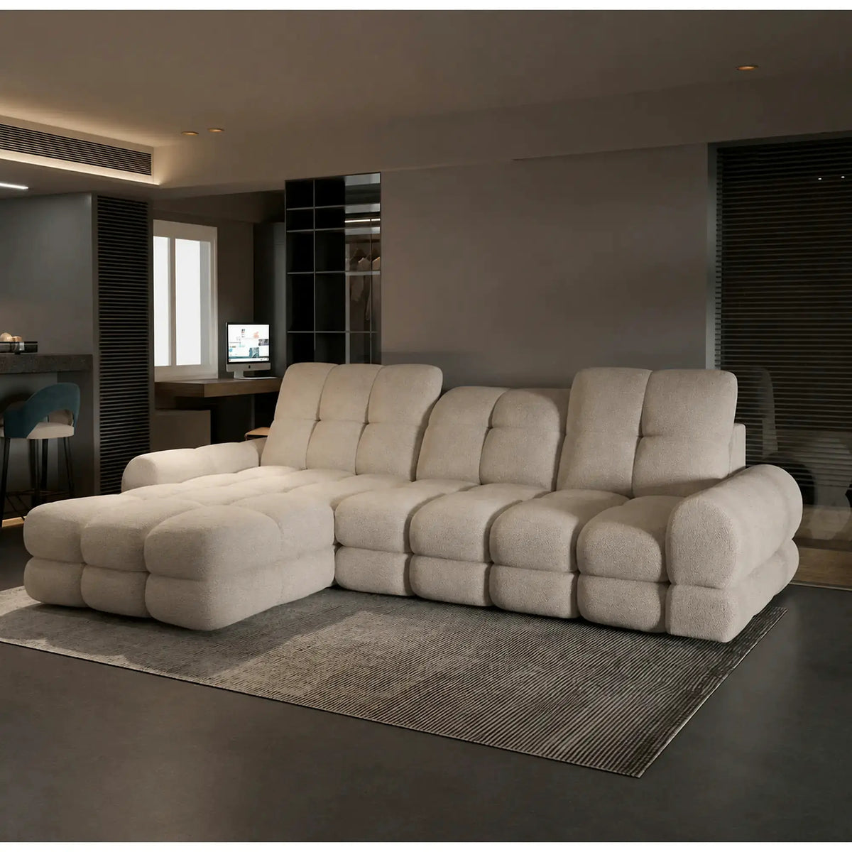 Coltar extensibil TOLLO MINI, sezlong stanga, stofa catifelata crem - Riviera 21, cu lada depozitare, 283x171x105 cm