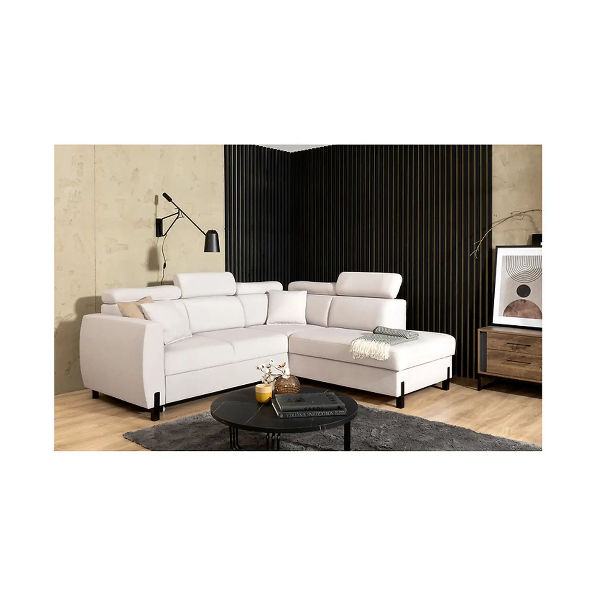 Coltar extensibil TULIO, sezlong dreapta, stofa catifelata bej - Maya 01, cu lada depozitare, 245x215x92 cm