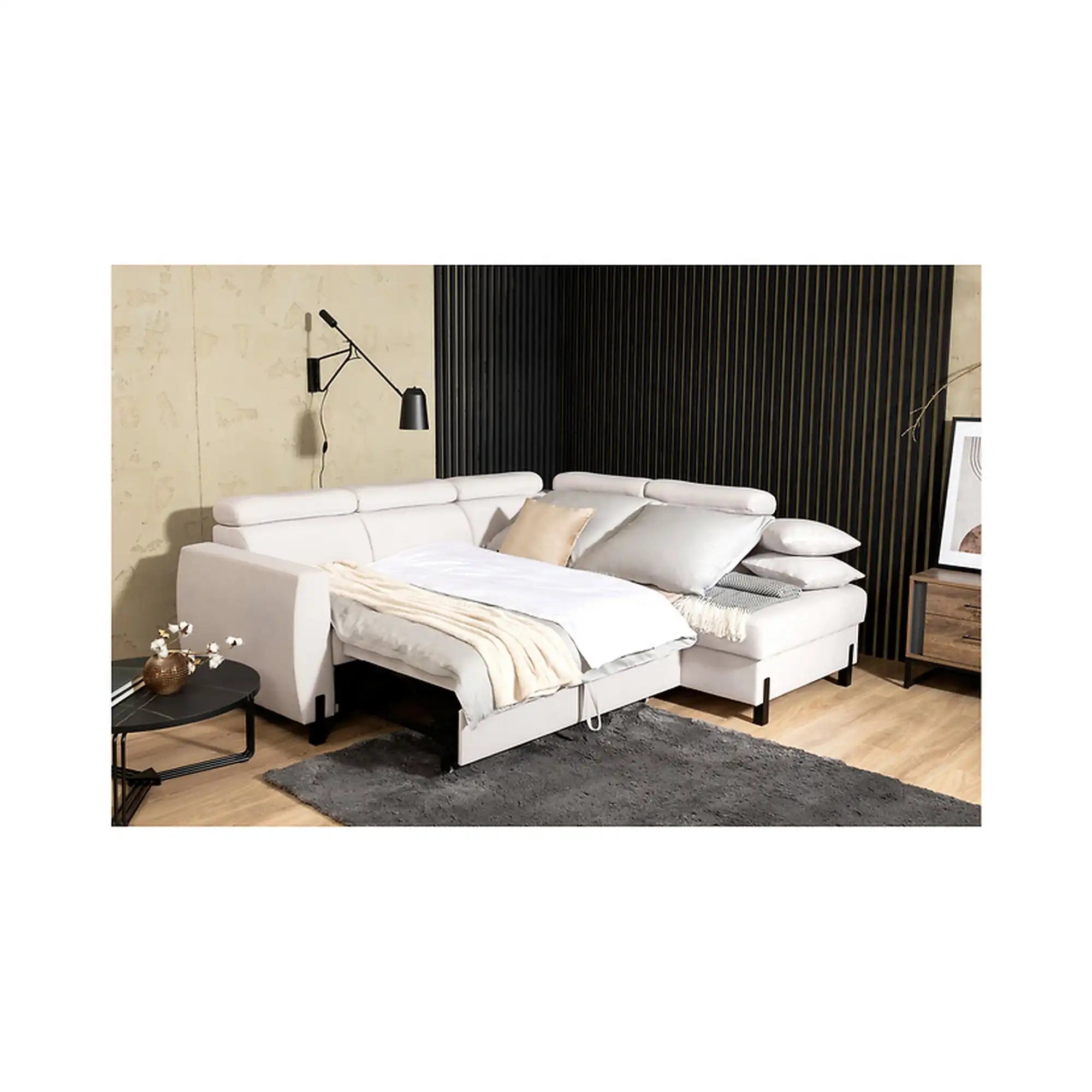 Coltar extensibil TULIO, sezlong dreapta, stofa catifelata bej - Maya 01, cu lada depozitare, 245x215x92 cm