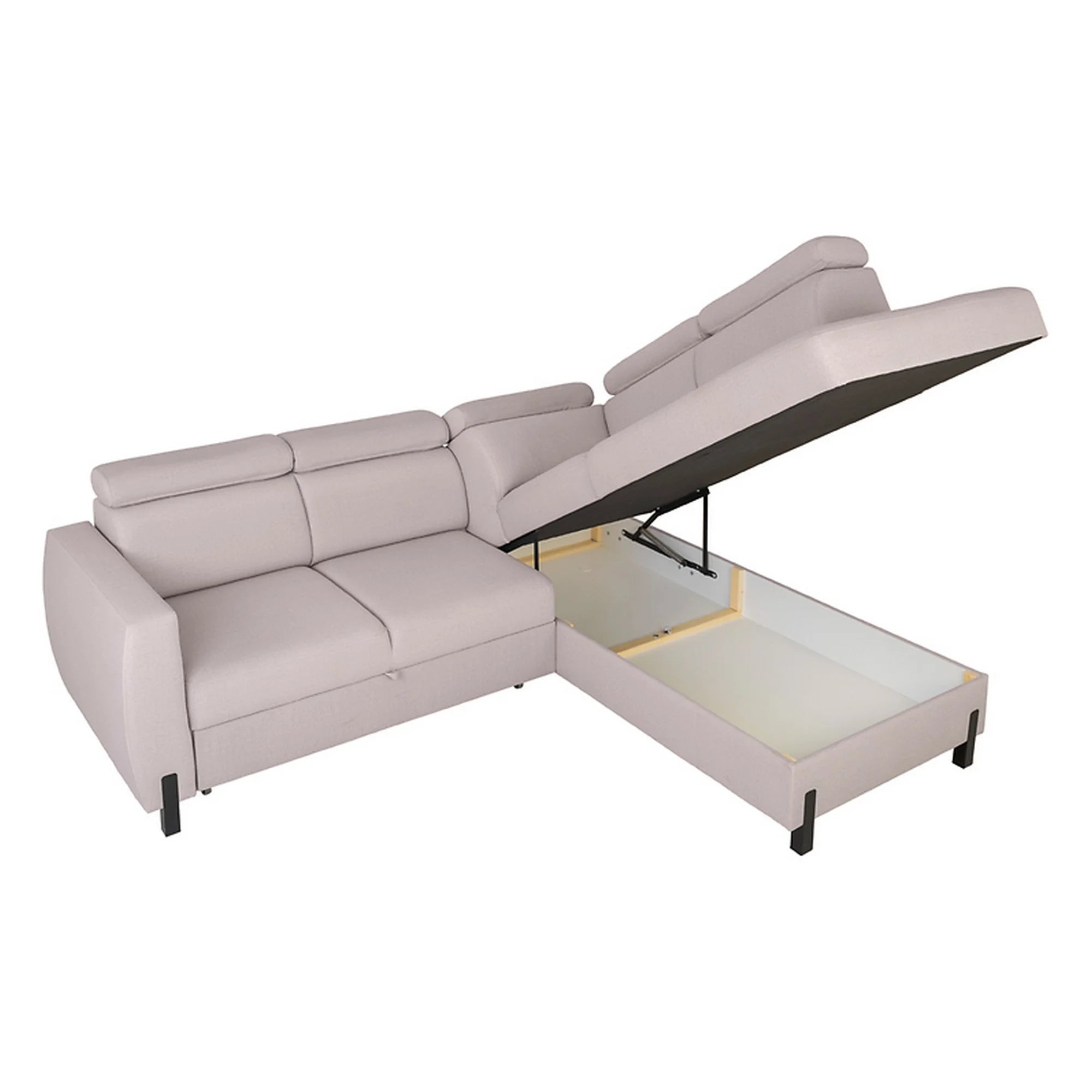 Coltar extensibil TULIO, sezlong dreapta, stofa catifelata bej - Maya 01, cu lada depozitare, 245x215x92 cm