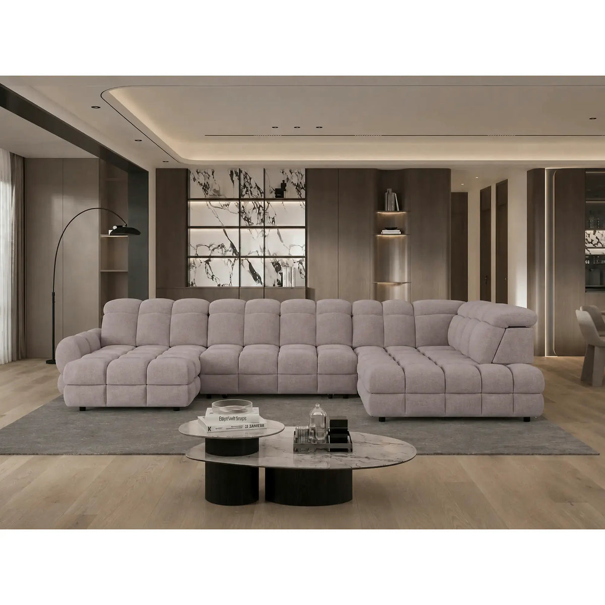 Coltar extensibil U TOLLO XL, sezlong dreapta, stofa catifelata bej - Whisper 3, cu lada depozitare si reglaj electric, 400x220x106 cm