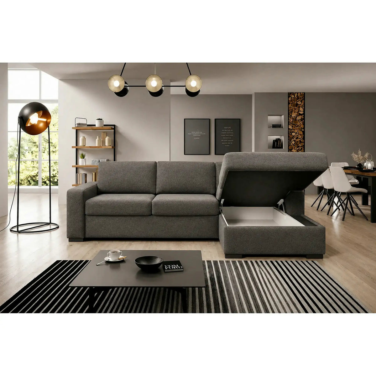 Coltar extensibil VANILLA CORNER 140, sezlong dreapta, stofa catifelata gri antracit - Salvador 15, cu lada depozitare, 283x173x87 cm