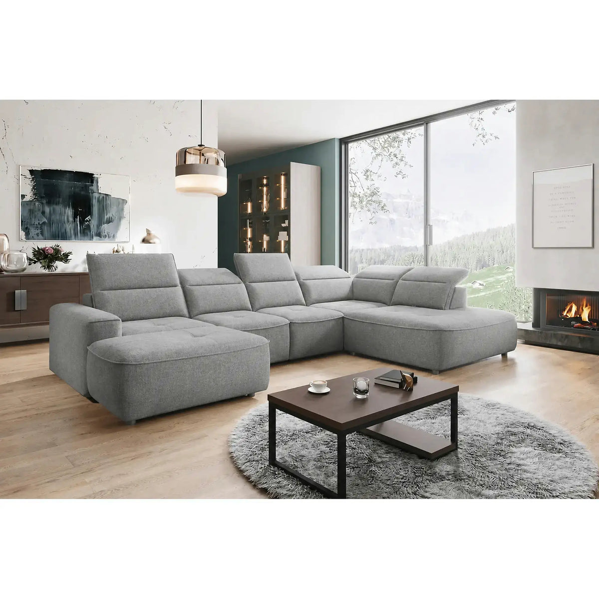 Coltar living in forma de U COLOMBO XL, sezlong dreapta, stofa catifelata gri - Salvador 14, cu reglaj electric si lada depozitare, 376x227x103 cm