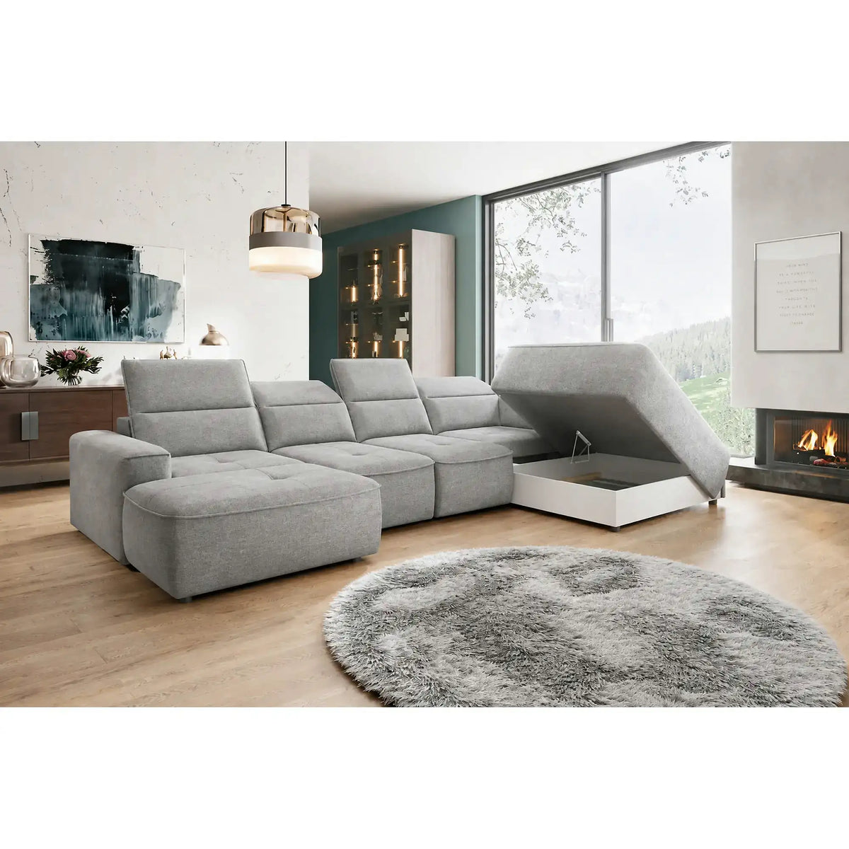 Coltar living in forma de U COLOMBO XL, sezlong dreapta, stofa catifelata gri - Salvador 14, cu reglaj electric si lada depozitare, 376x227x103 cm