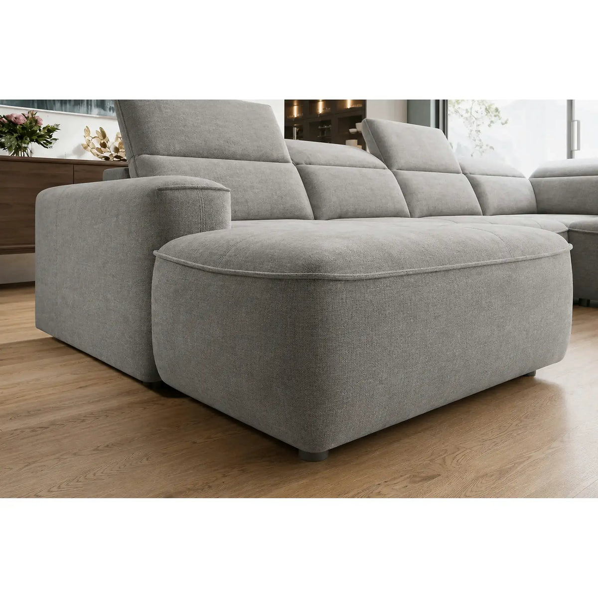 Coltar living in forma de U COLOMBO XL, sezlong dreapta, stofa catifelata gri - Salvador 14, cu reglaj electric si lada depozitare, 376x227x103 cm