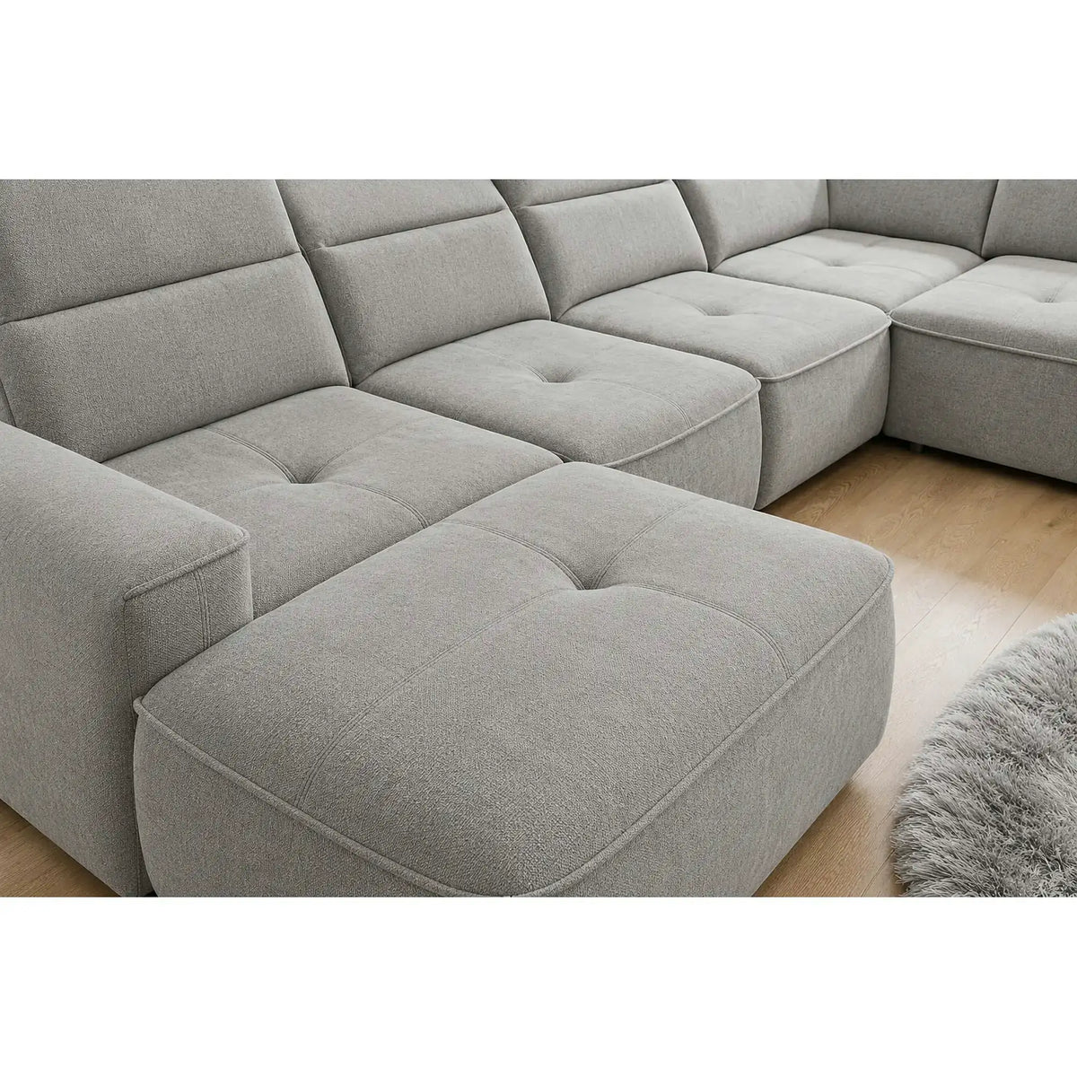 Coltar living in forma de U COLOMBO XL, sezlong dreapta, stofa catifelata gri - Salvador 14, cu reglaj electric si lada depozitare, 376x227x103 cm