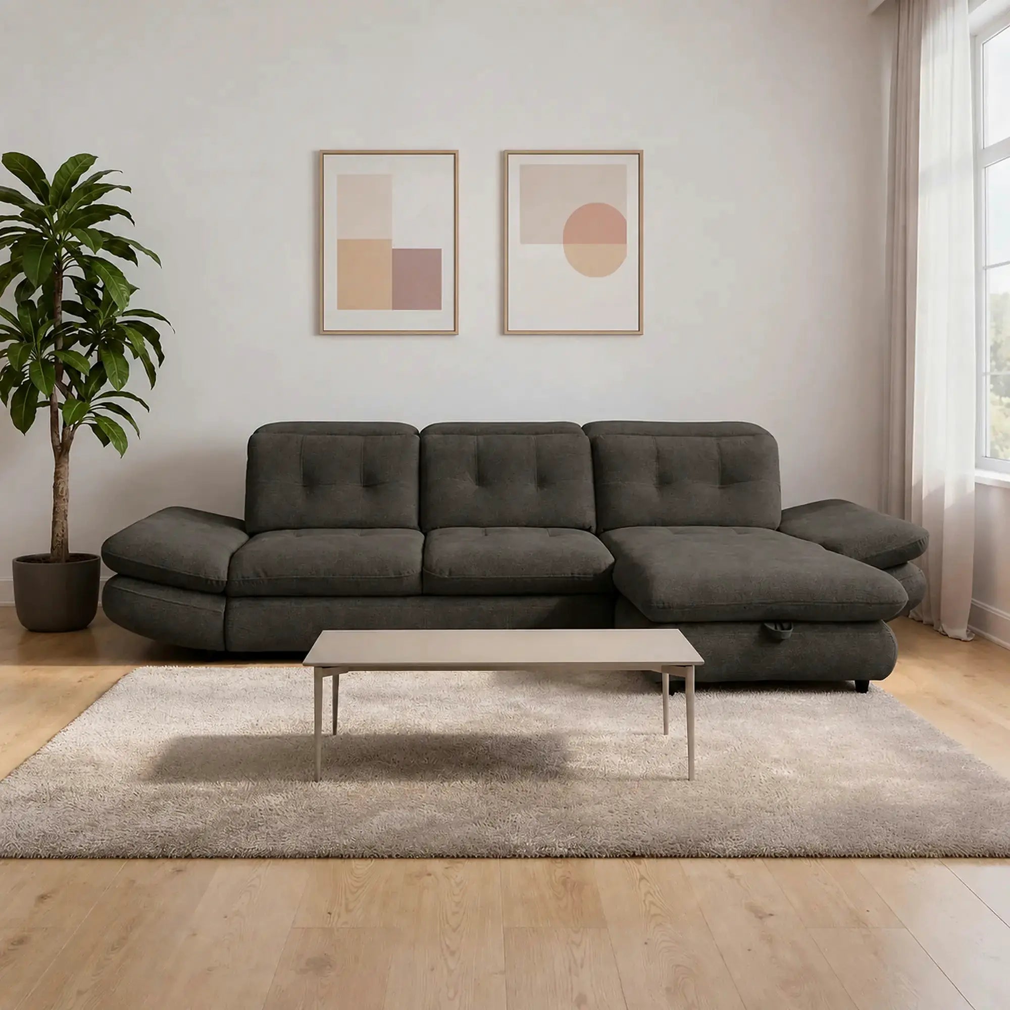 Coltar living SIENA MINI, sezlong dreapta, stofa catifelata gri - Velvet F602, 297x181x100 cm