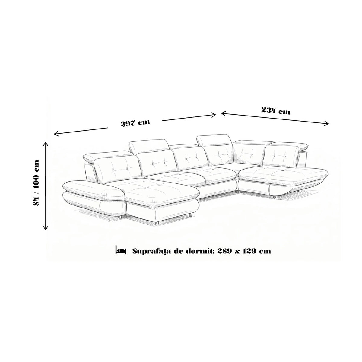 Coltar living SIENA U, sezlong stanga, stofa gri - Frisco G706, 397x234x100 cm