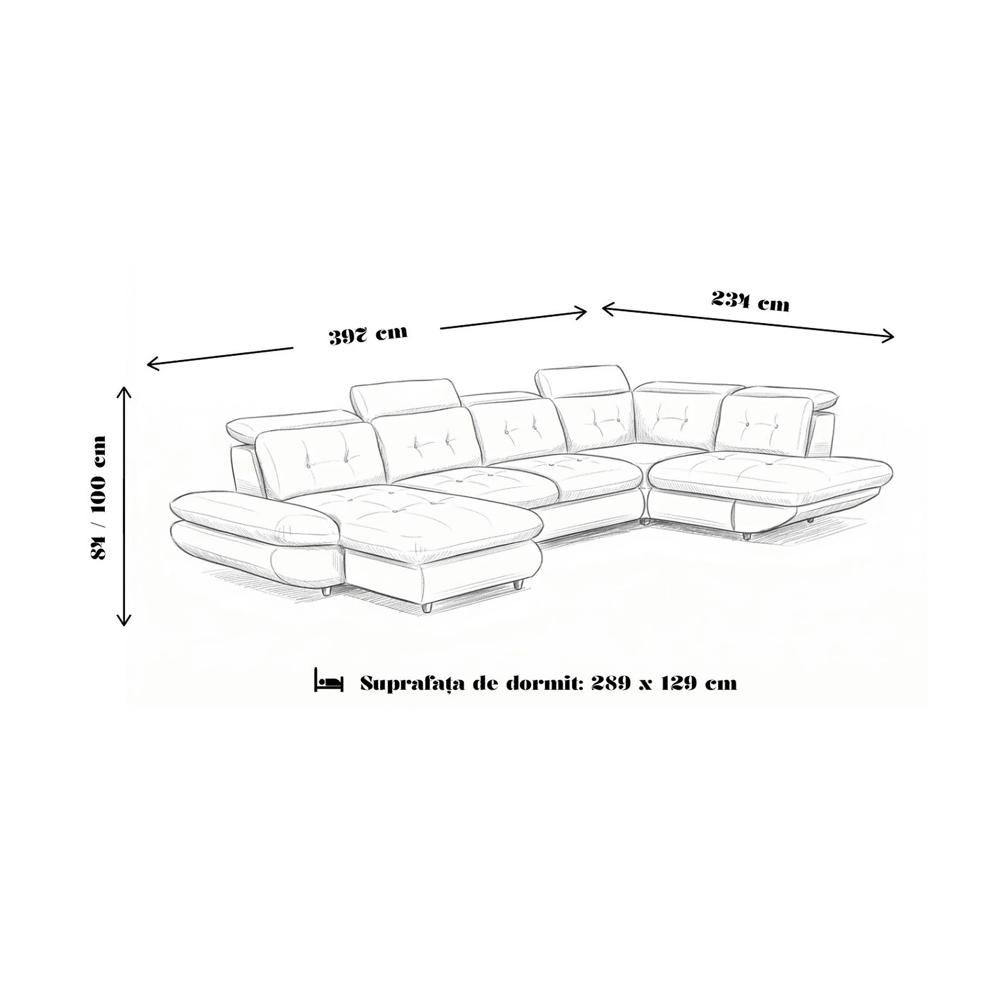 Coltar living SIENA U, sezlong stanga, stofa gri - Frisco G706, 397x234x100 cm