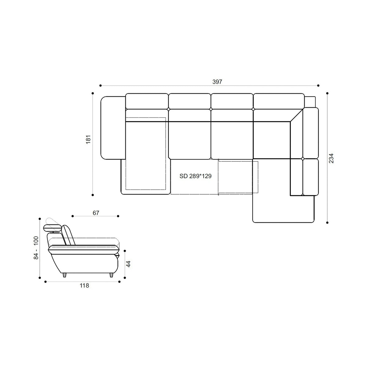 Coltar living SIENA U, sezlong stanga, stofa gri - Frisco G706, 397x234x100 cm