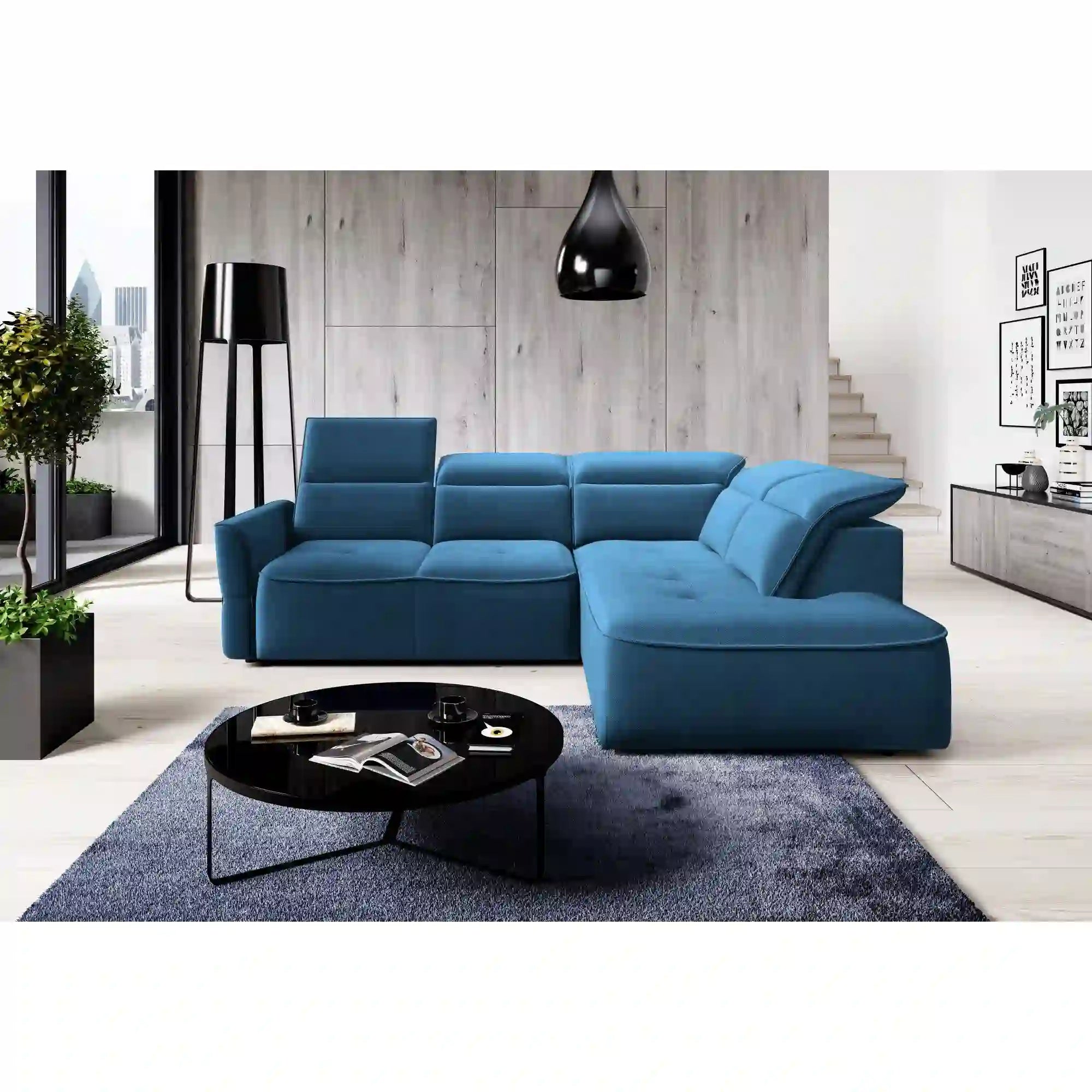 Coltar MURILLO L, personalizabil materiale gama Oferta Avantaj, cu reglaj electric, tetiere reglabile si lada depozitare, 261x218x100 cm