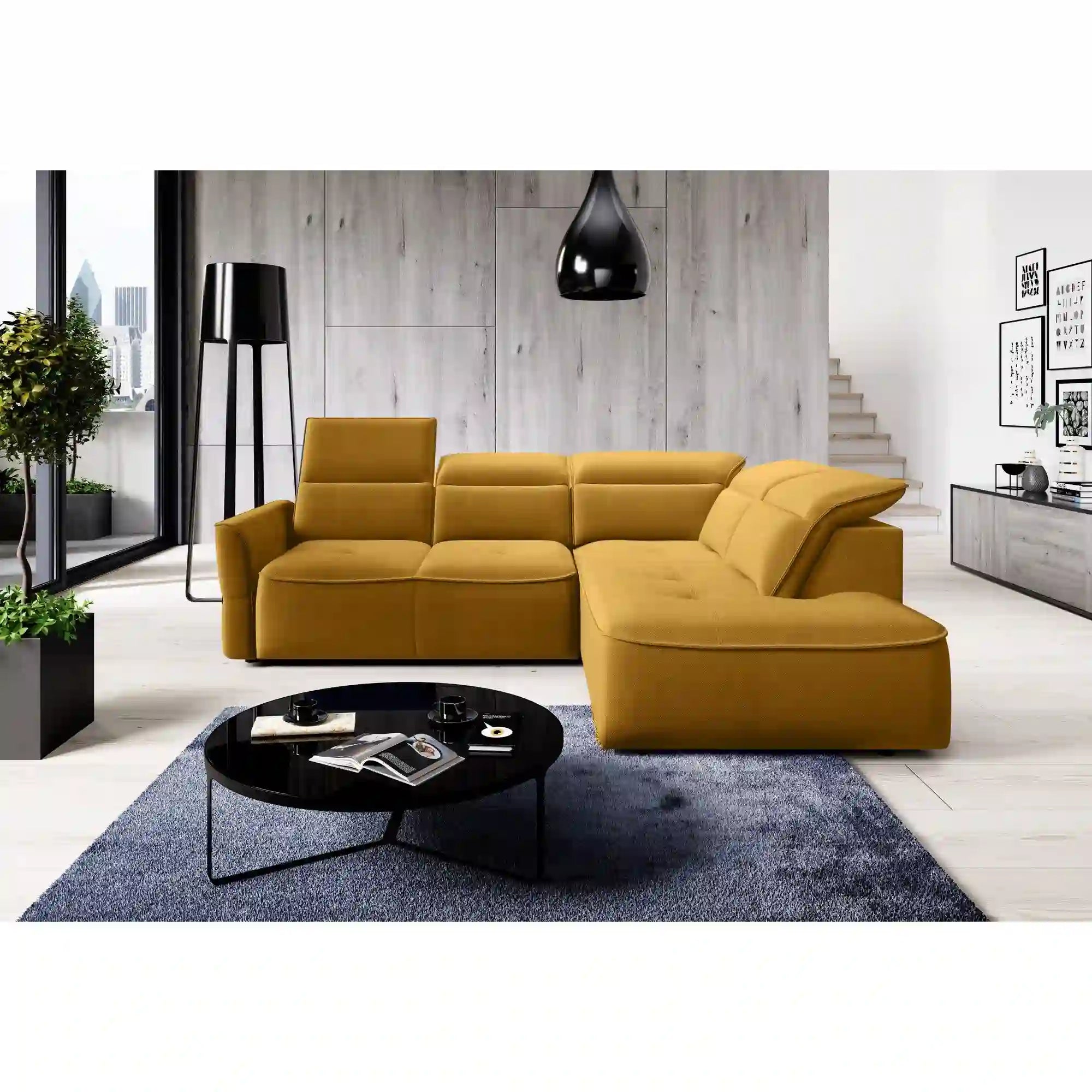 Coltar MURILLO L, personalizabil materiale gama Premium, cu reglaj electric, tetiere reglabile si lada depozitare, 261x218x100 cm