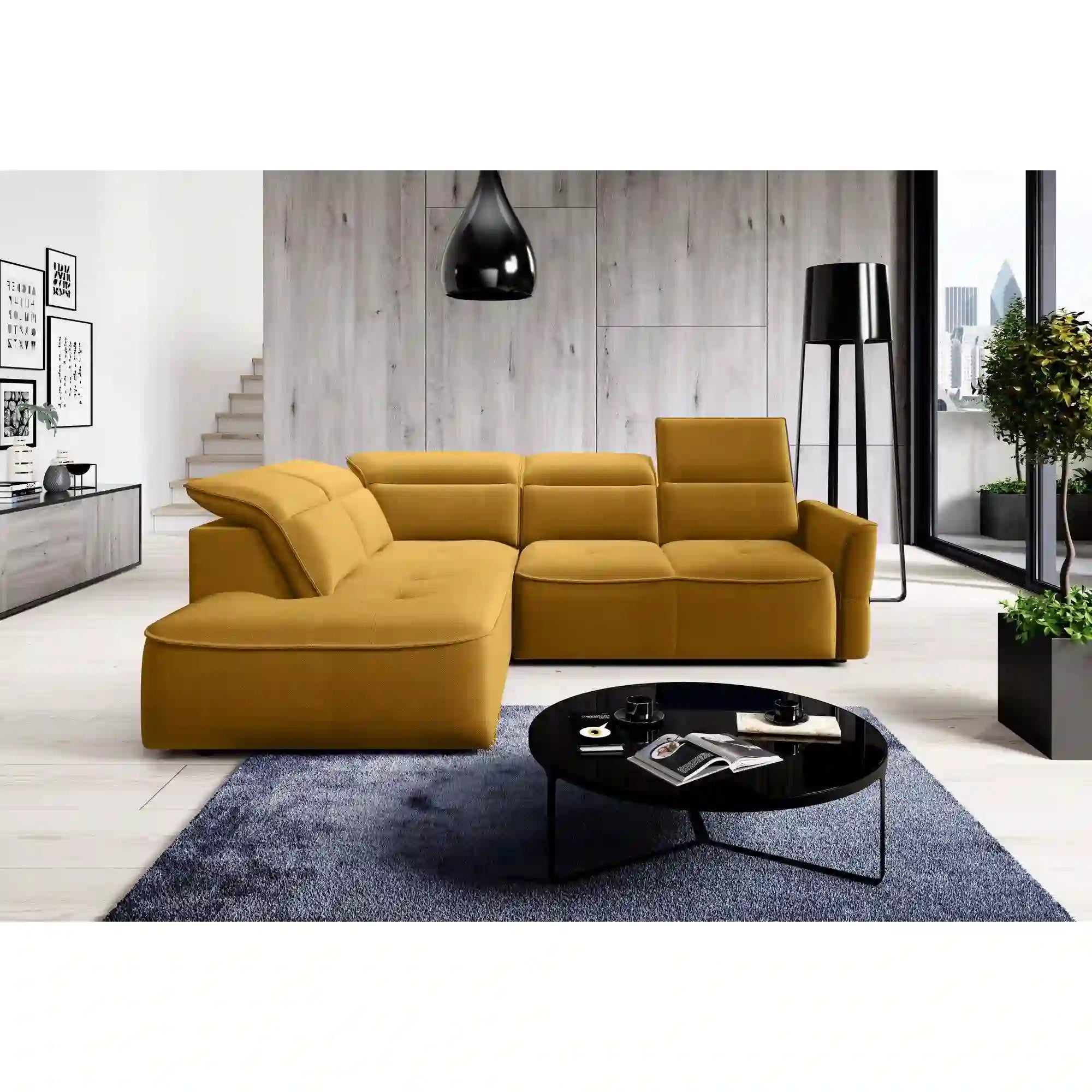 Coltar MURILLO L, personalizabil materiale gama Premium, cu reglaj electric, tetiere reglabile si lada depozitare, 261x218x100 cm