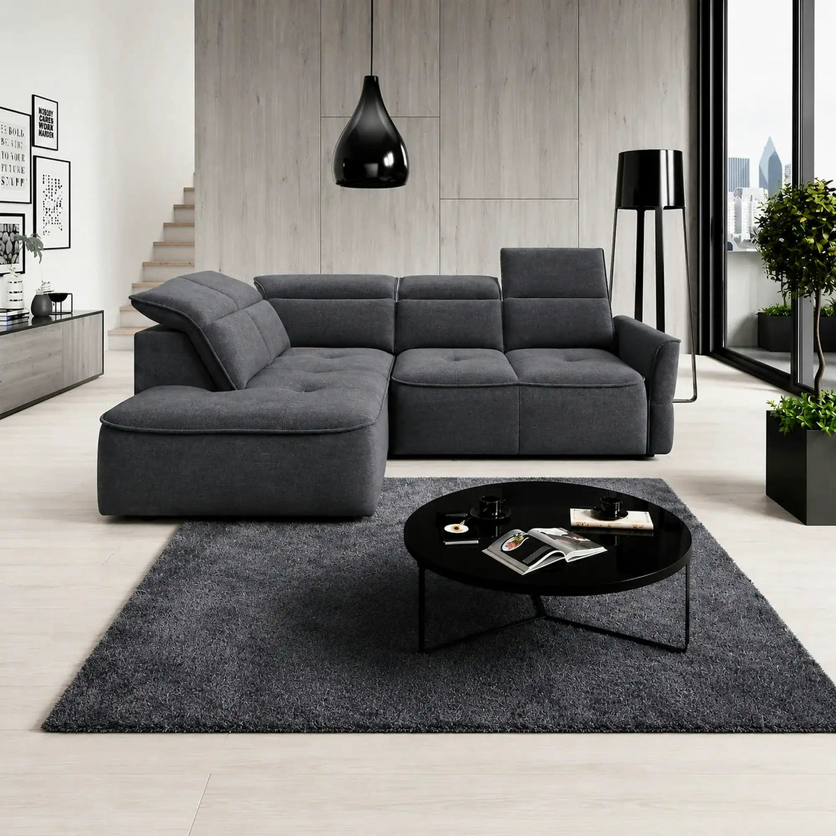 Coltar MURILLO L, sezlong stanga, stofa catifelata gri antracit - Whisper 18, cu reglaj electric, tetiere reglabile si lada depozitare, 261x218x100 cm