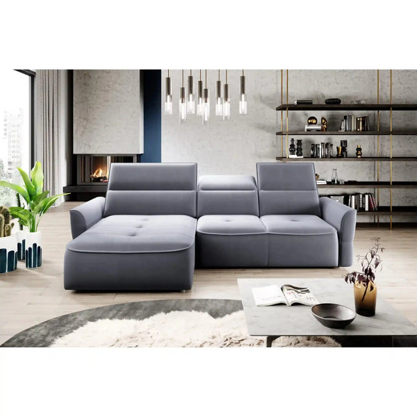 Coltar MURILLO MINI, sezlong stanga, stofa gri - Rosario 453, cu reglaj electric, tetiere reglabile si lada depozitare 260x175x87/100 cm