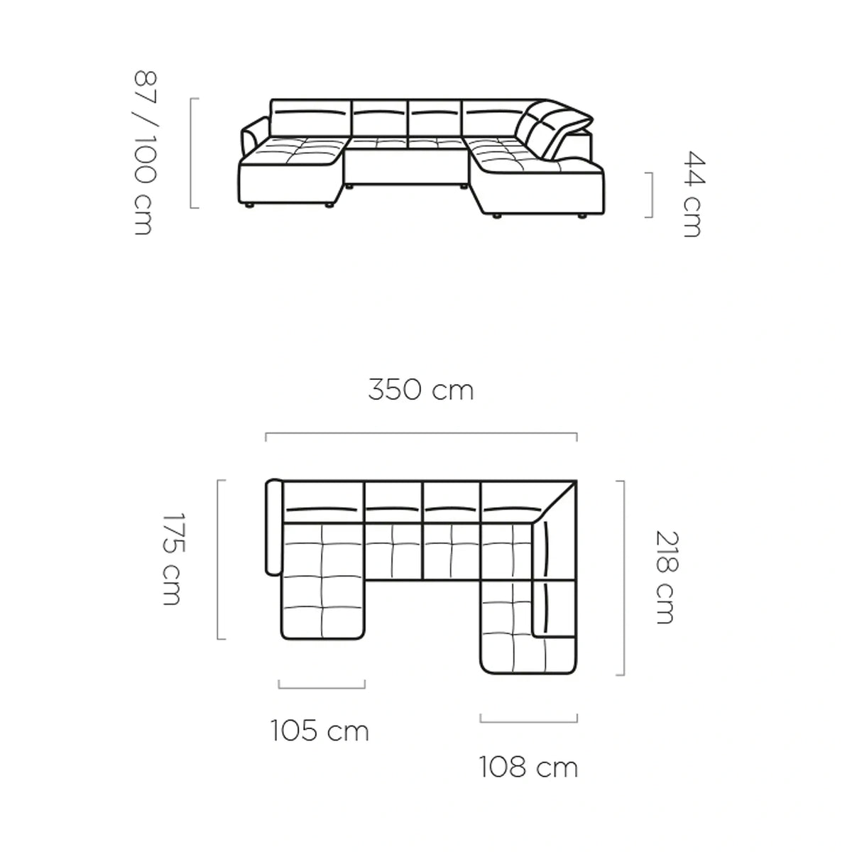 Coltar MURILLO XL, personalizabil, cu reglaj electric, tetiere reglabile si lada depozitare, 350x218x100 cm