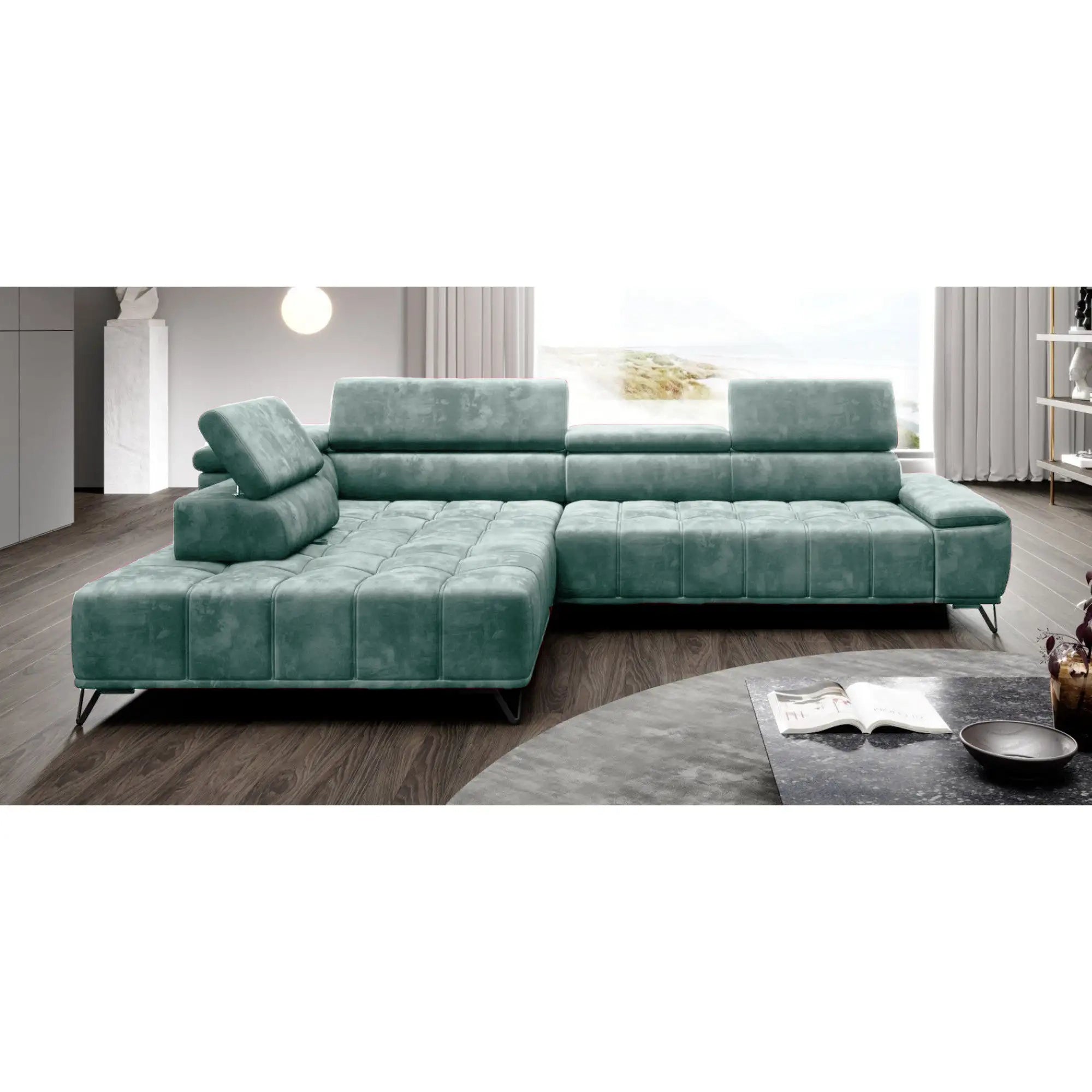 Coltar cu sezlong PALLADIO L, sezlong stanga, stofa catifelata verde - Salvador 12, Gama Premium, cu reglaj electric si tetiere reglabile, 320x220x99 cm