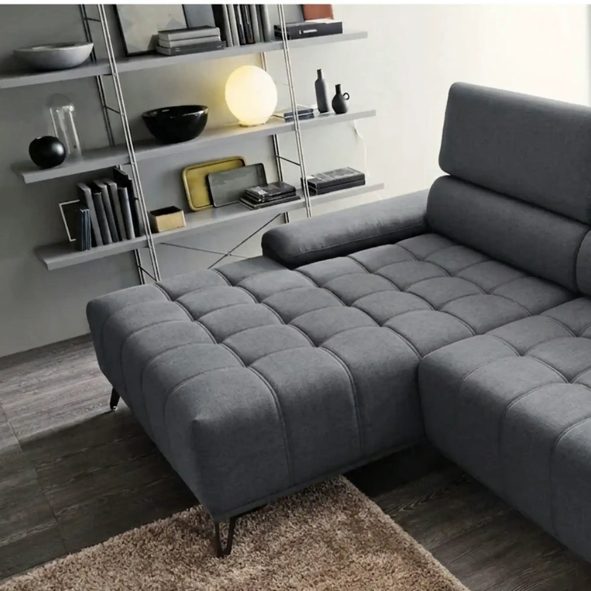 Coltar PALLADIO MINI, sezlong stanga, stofa catifelata gri - Monolith 92, cu tetiere reglabile si reglaj electric, 322x183x99 cm
