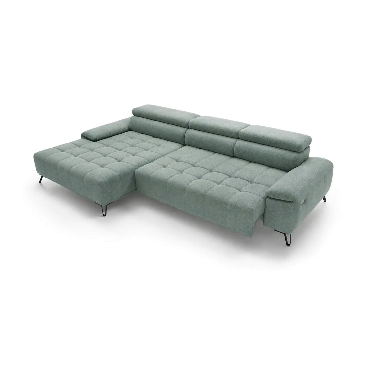 Coltar PALLADIO MINI, sezlong stanga, stofa catifelata verde menta - Salvador 12, cu tetiere reglabile si reglaj electric, 322X183X99 cm