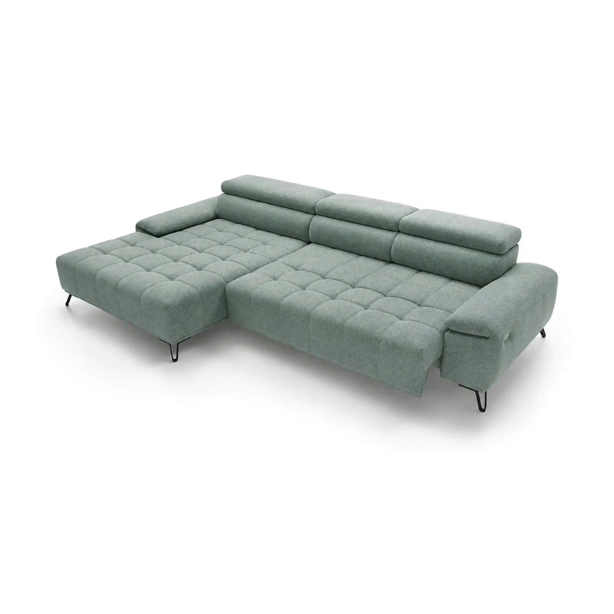 Coltar PALLADIO MINI, sezlong stanga, stofa catifelata verde menta - Salvador 12, cu tetiere reglabile si reglaj electric, 322X183X99 cm