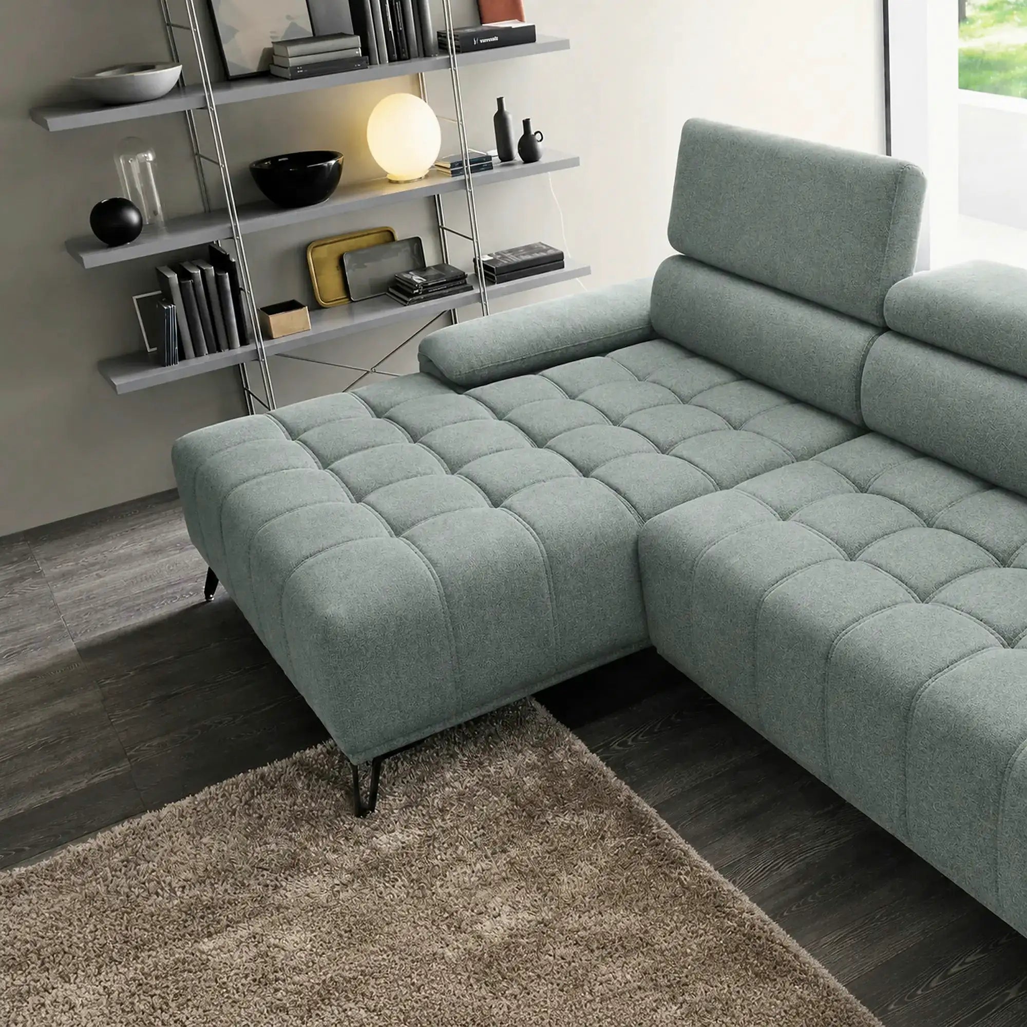 Coltar PALLADIO MINI, sezlong stanga, stofa catifelata verde menta - Salvador 12, cu tetiere reglabile si reglaj electric, 322X183X99 cm