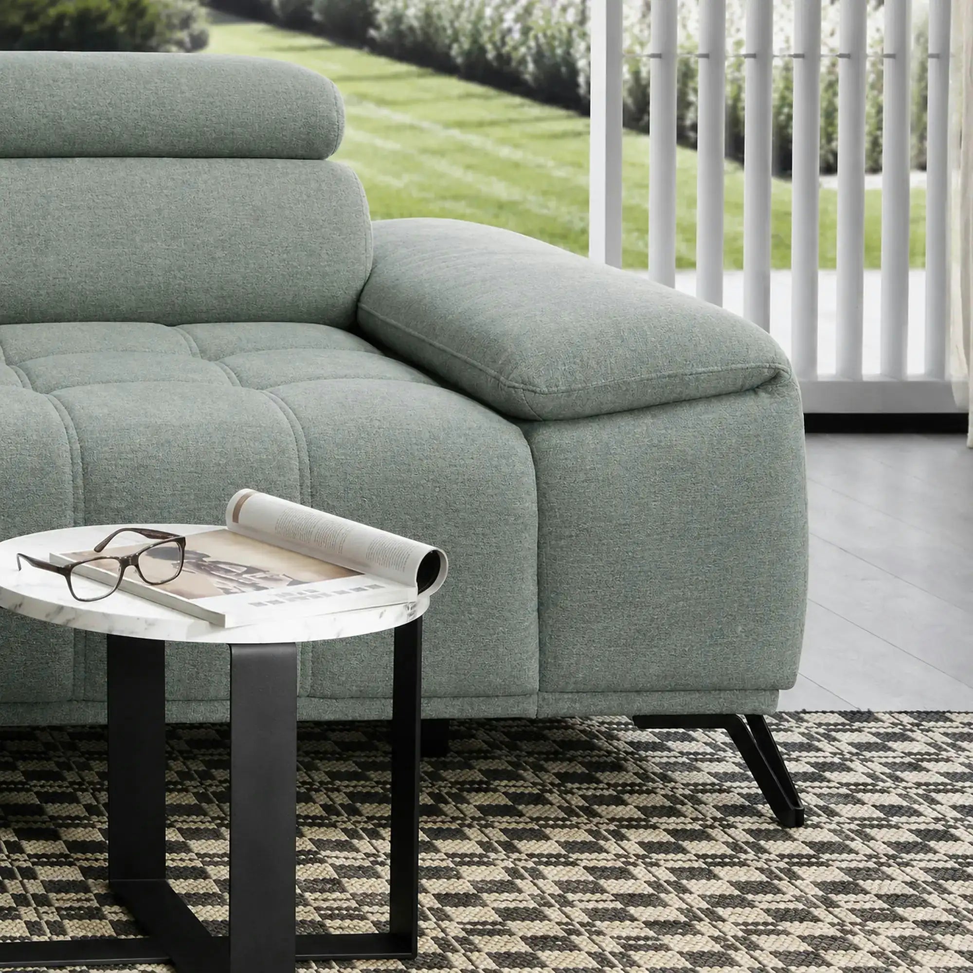 Coltar PALLADIO MINI, sezlong stanga, stofa catifelata verde menta - Salvador 12, cu tetiere reglabile si reglaj electric, 322X183X99 cm