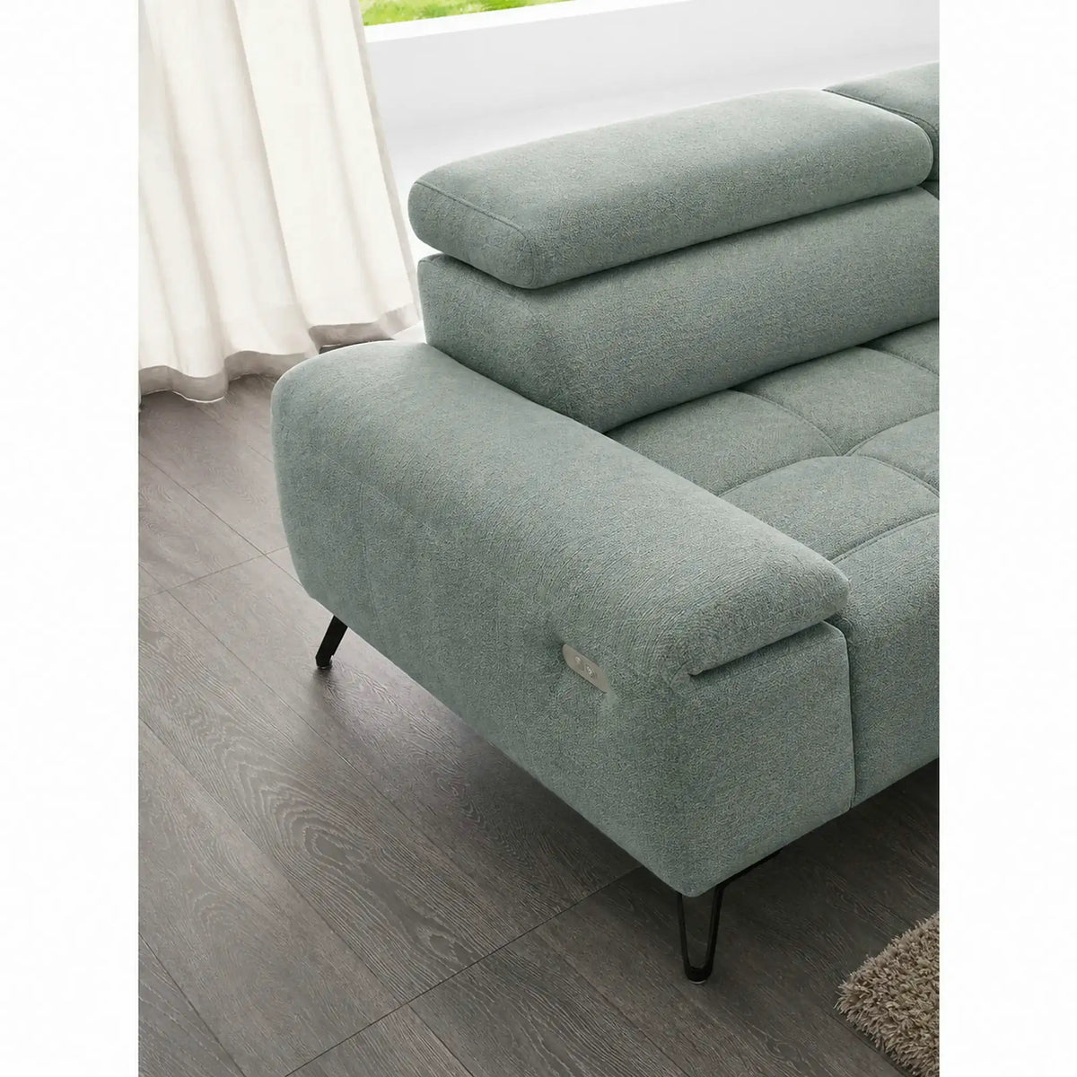 Coltar PALLADIO MINI, sezlong stanga, stofa catifelata verde menta - Salvador 12, cu tetiere reglabile si reglaj electric, 322X183X99 cm